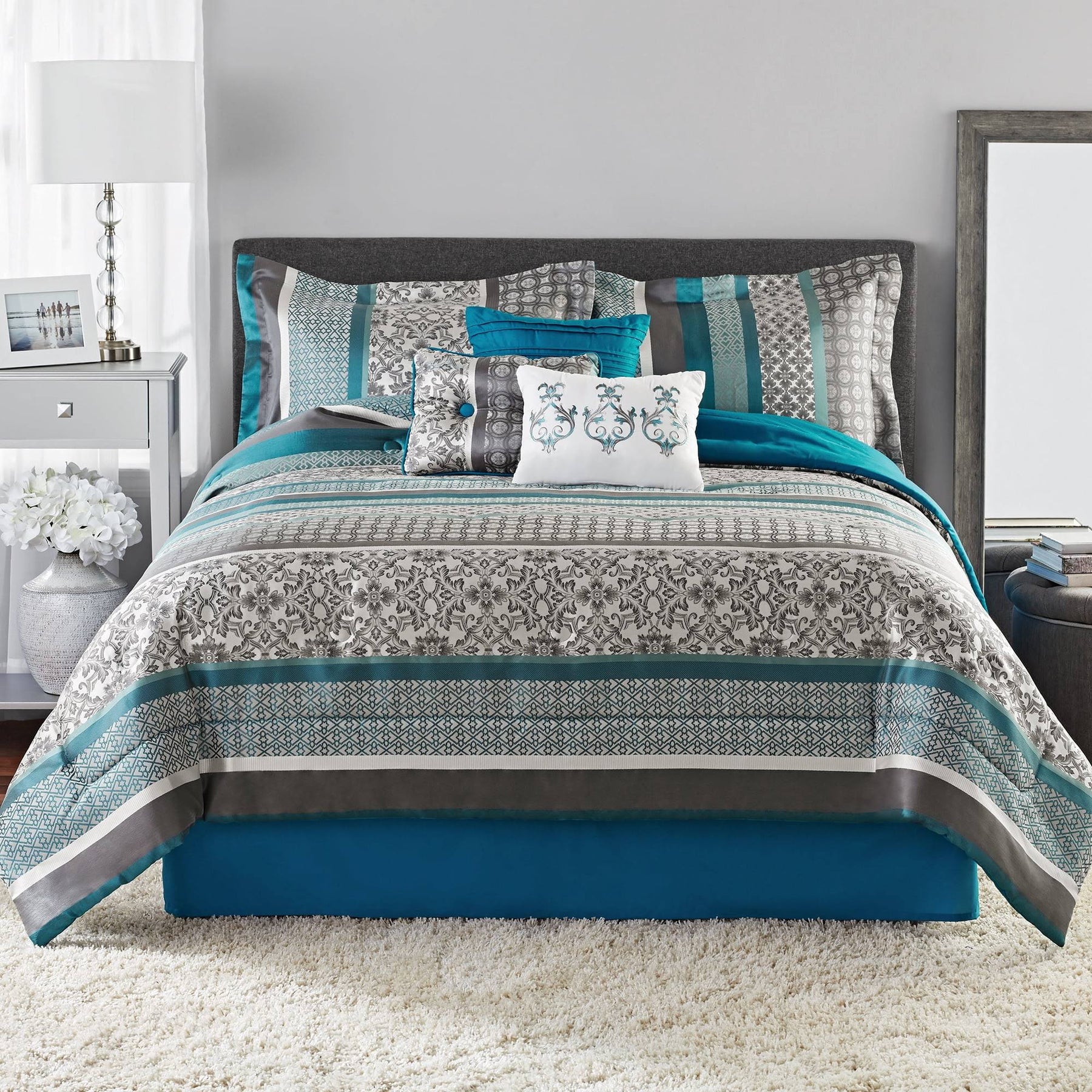 Mainstays Princeton Teal Stripe 7 Piece Comforter Bedding Set Size: Full/Queen - Product image 1