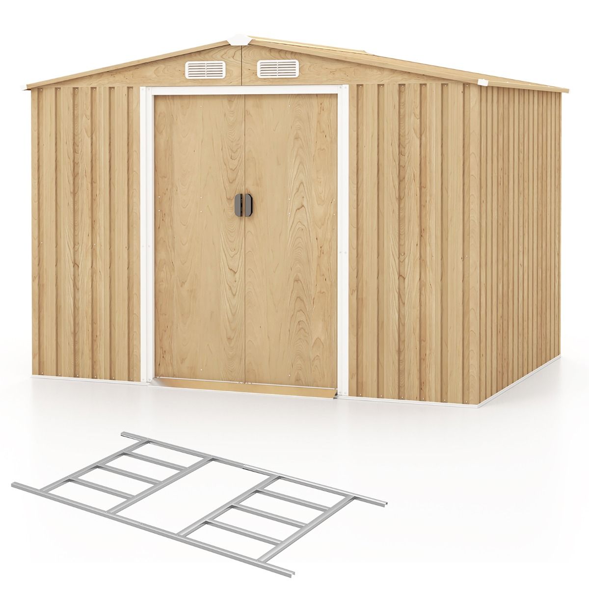 Storage Shed 259cm x196cm with Foundation Base Galvanized Metal Tool House with 4 Vents Waterproof and Windproof Natural -