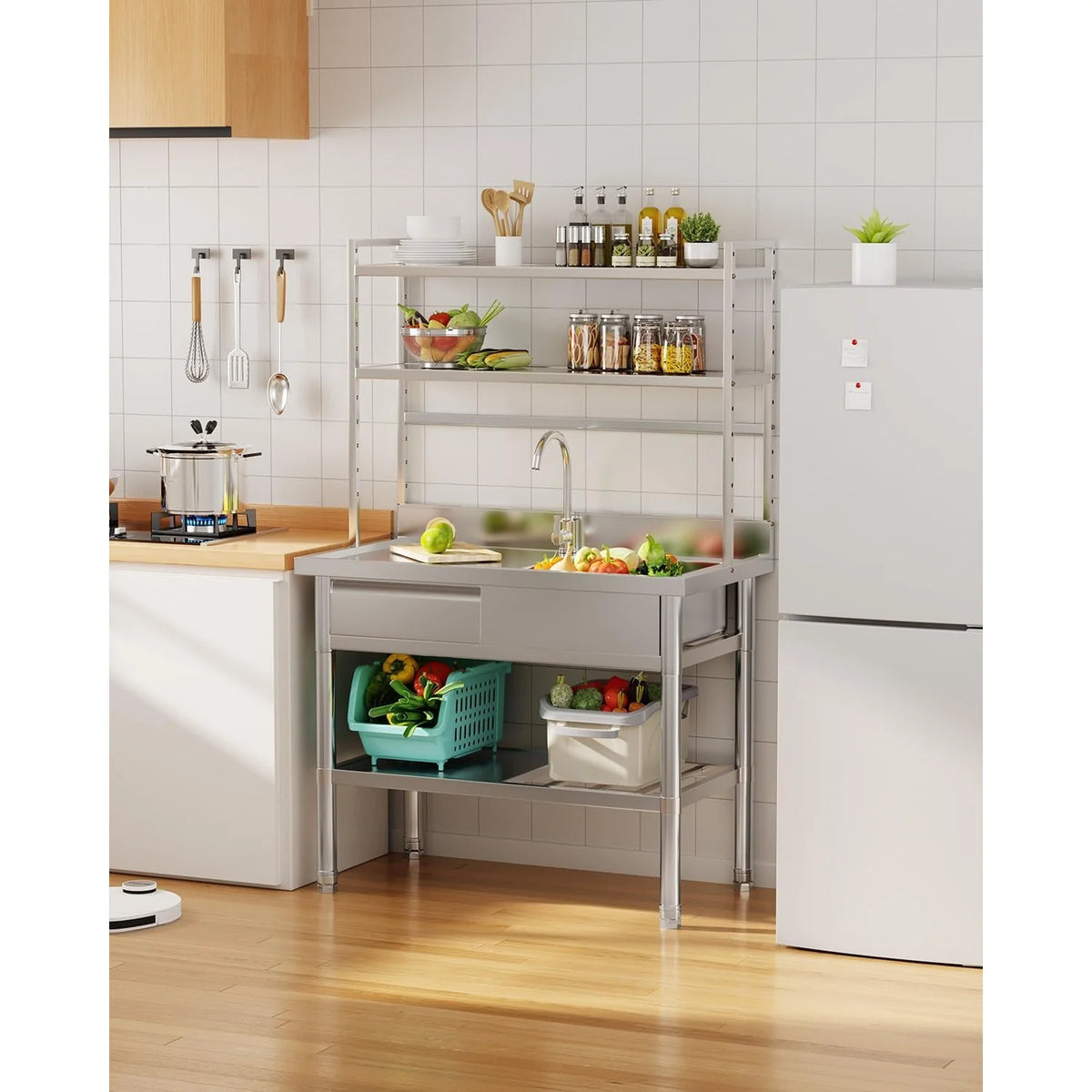 AECOJOY Stainless Steel Utility Sink with Shelves, Free Standing Single Bowl Commercial Kitchen Sinks - Product image 2