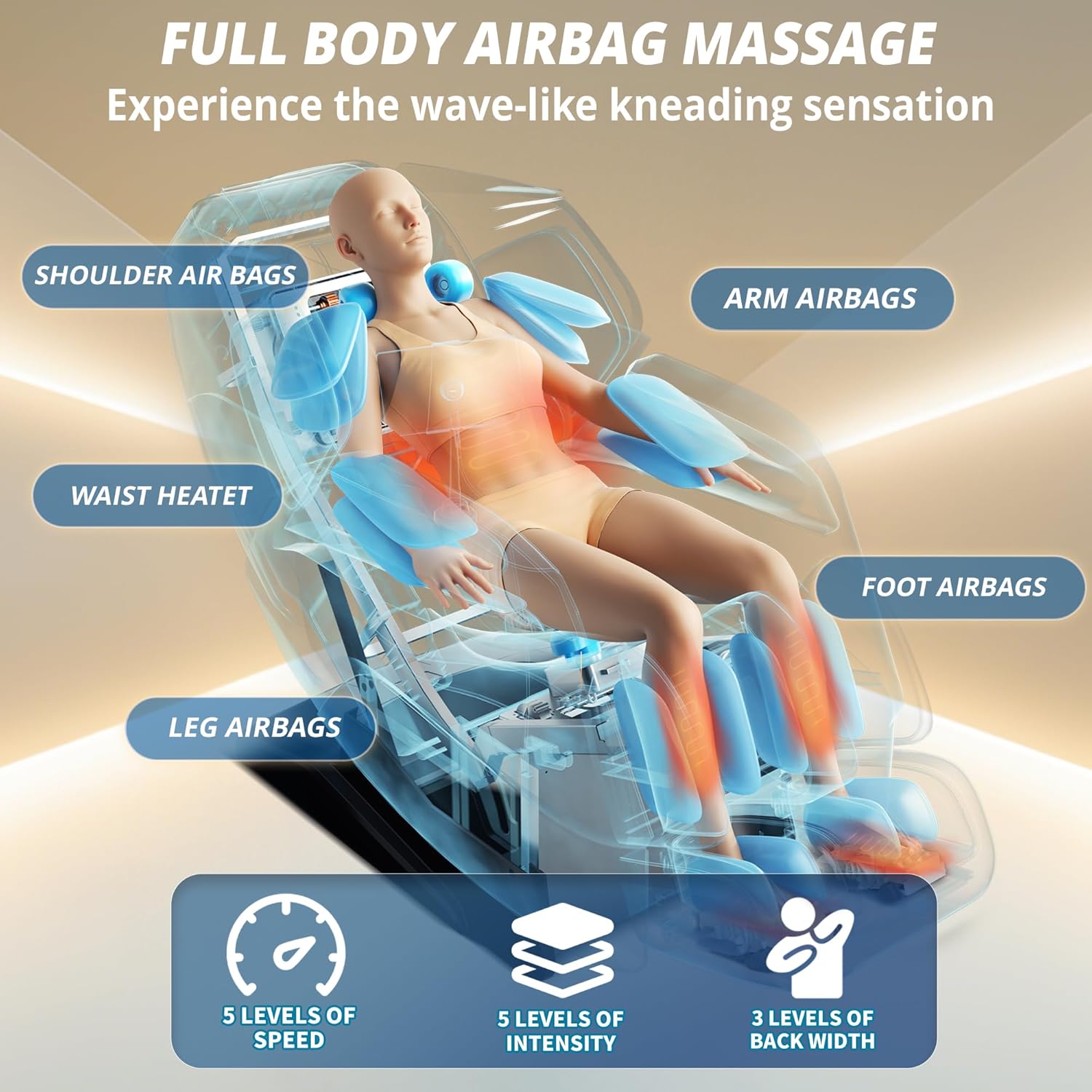 HealthRelife Full Body Massage Chair with Body Scanning 3D Robotic Hands Smart Shiatsu Massage Seat Cover with Voice Function Back Heating (Blue)