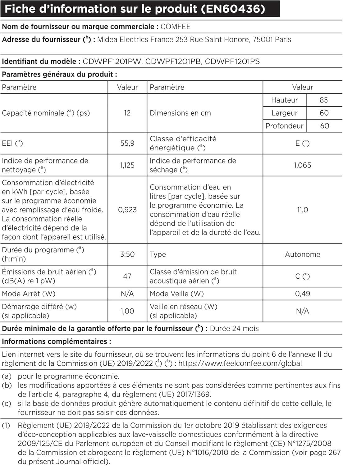 COMFEE' CDWPF1201PS Freestanding Dishwasher, 60 cm, 12 place settings, delayed start, half load function, flexible baskets - Stainless Steel, 49 dB, Button Control