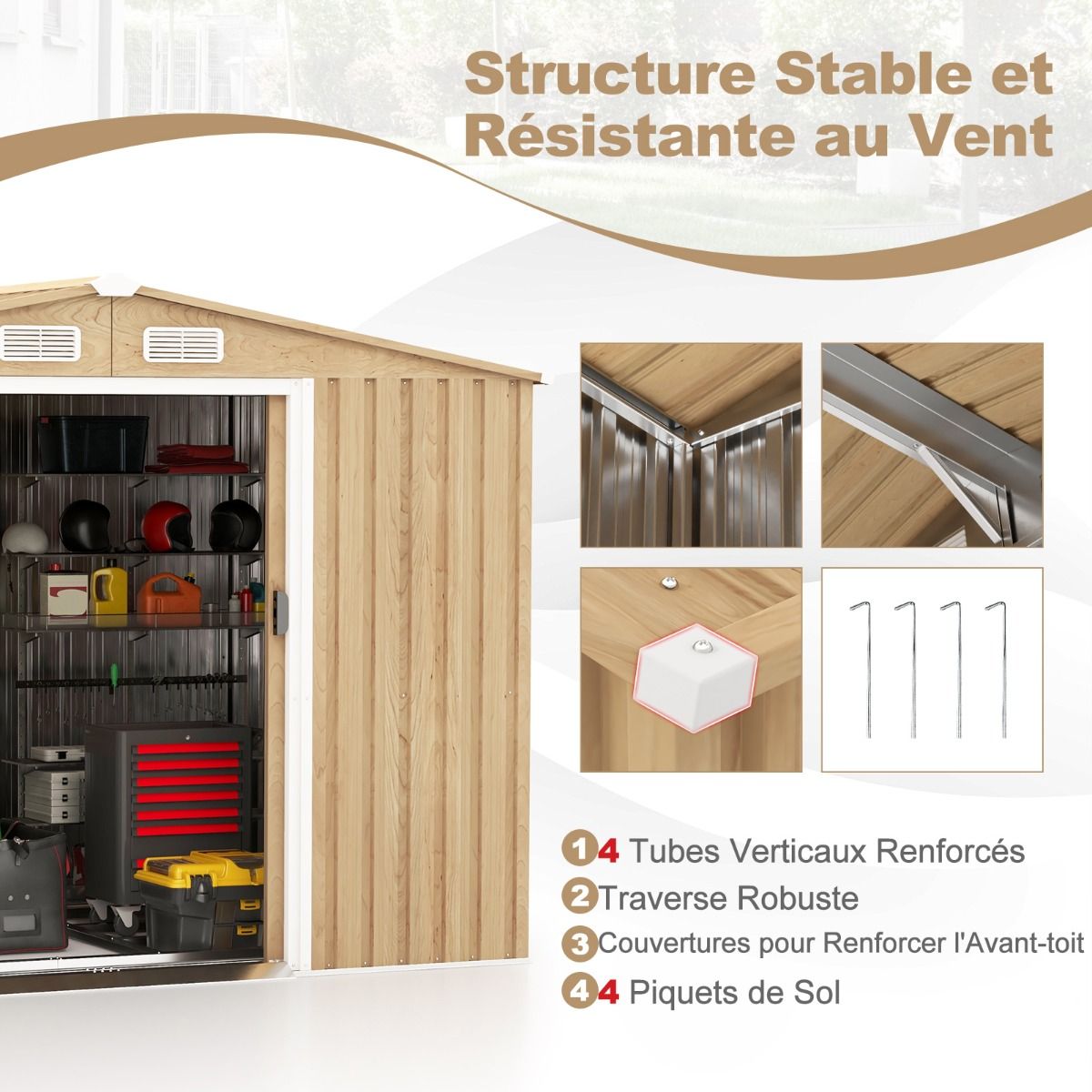 Storage Shed 259cm x196cm with Foundation Base Galvanized Metal Tool House with 4 Vents Waterproof and Windproof Natural -