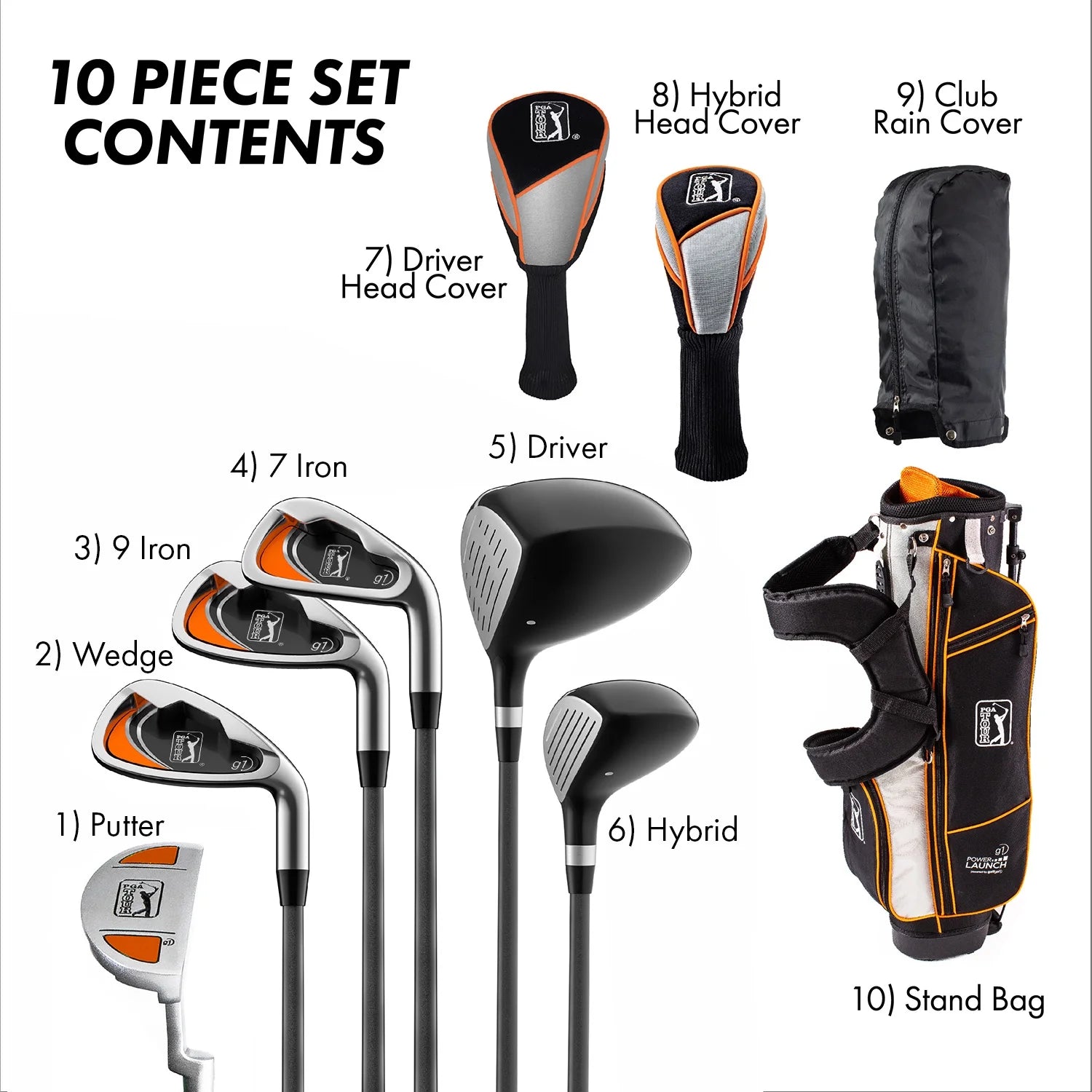 PGA Tour Right - Handed 10 Piece Kids Golf Club Stand Bag Set; Player Height 4'8 - 5'2", Ages 8 - 12