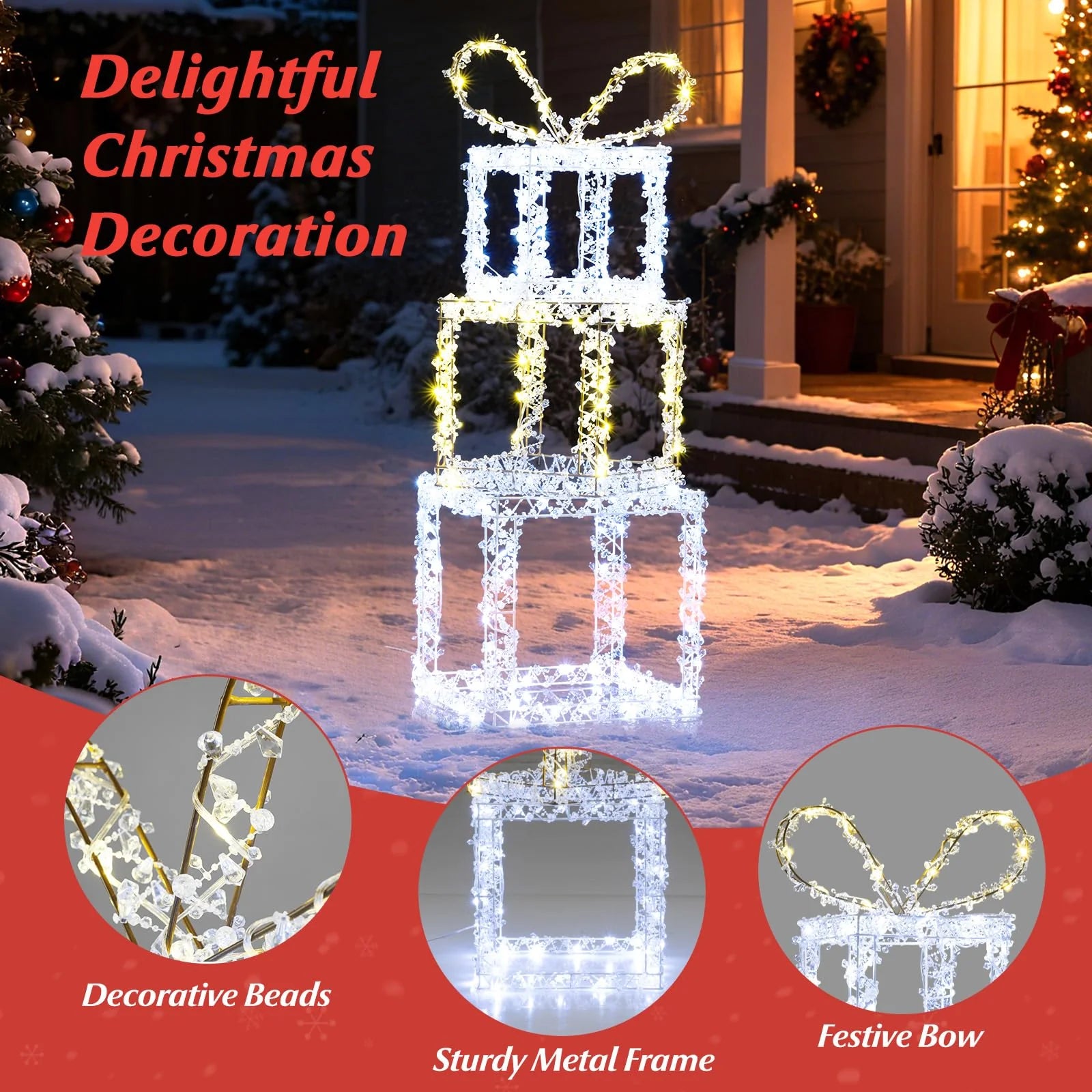 Tangkula Stacked Lighted Gift Boxes Set of 3 Pre-Lit Christmas Present Box Lights - Product image 9