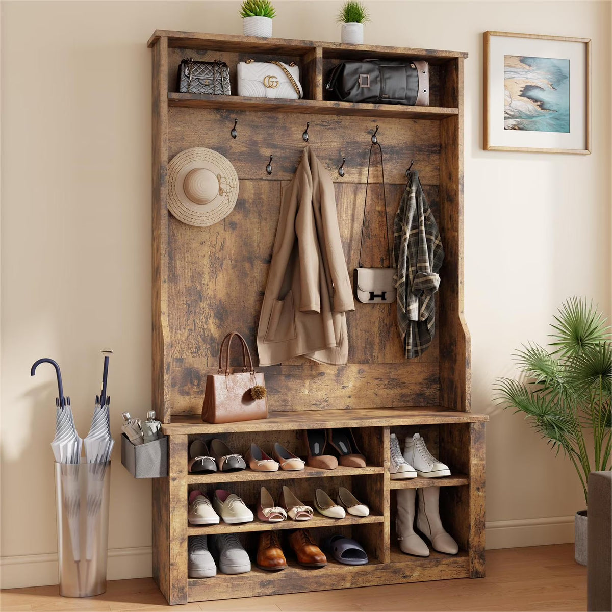 Lofka 5 - in - 1 Hall Tree with Bench and Shoe Storage, Entryway Hall Tree with Coat Rack - Product image 3