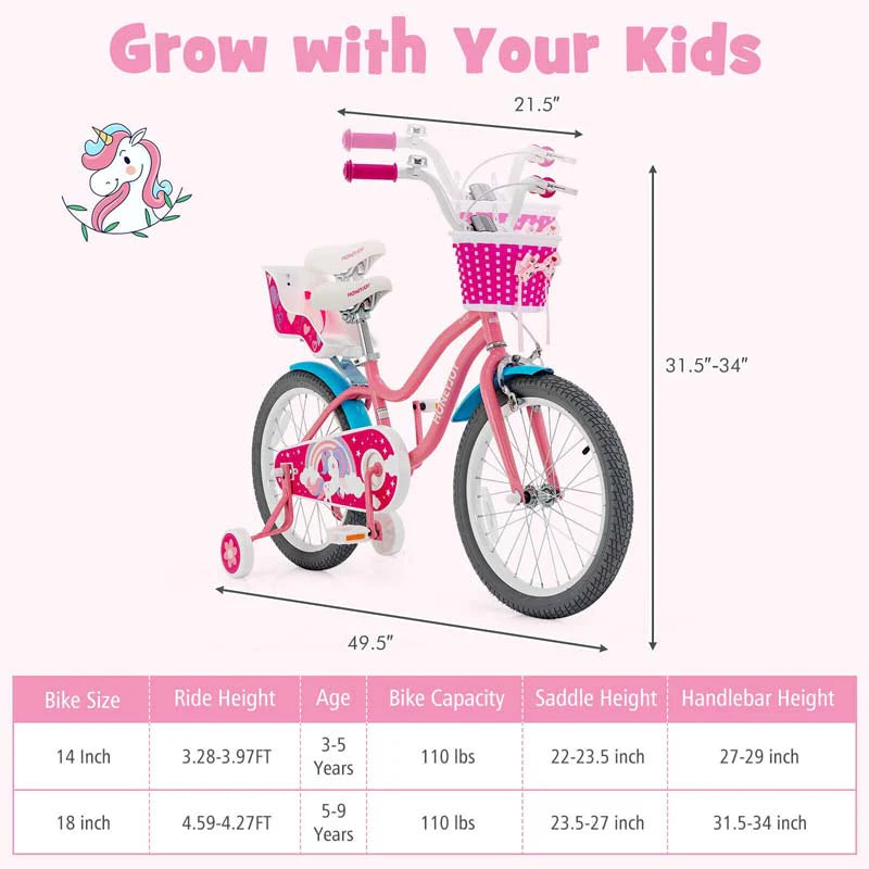 14"/18" Kids Bicycle with Removable Training Wheels, Coaster Brake, Handbrake, Basket & Doll Chair - Product image 15