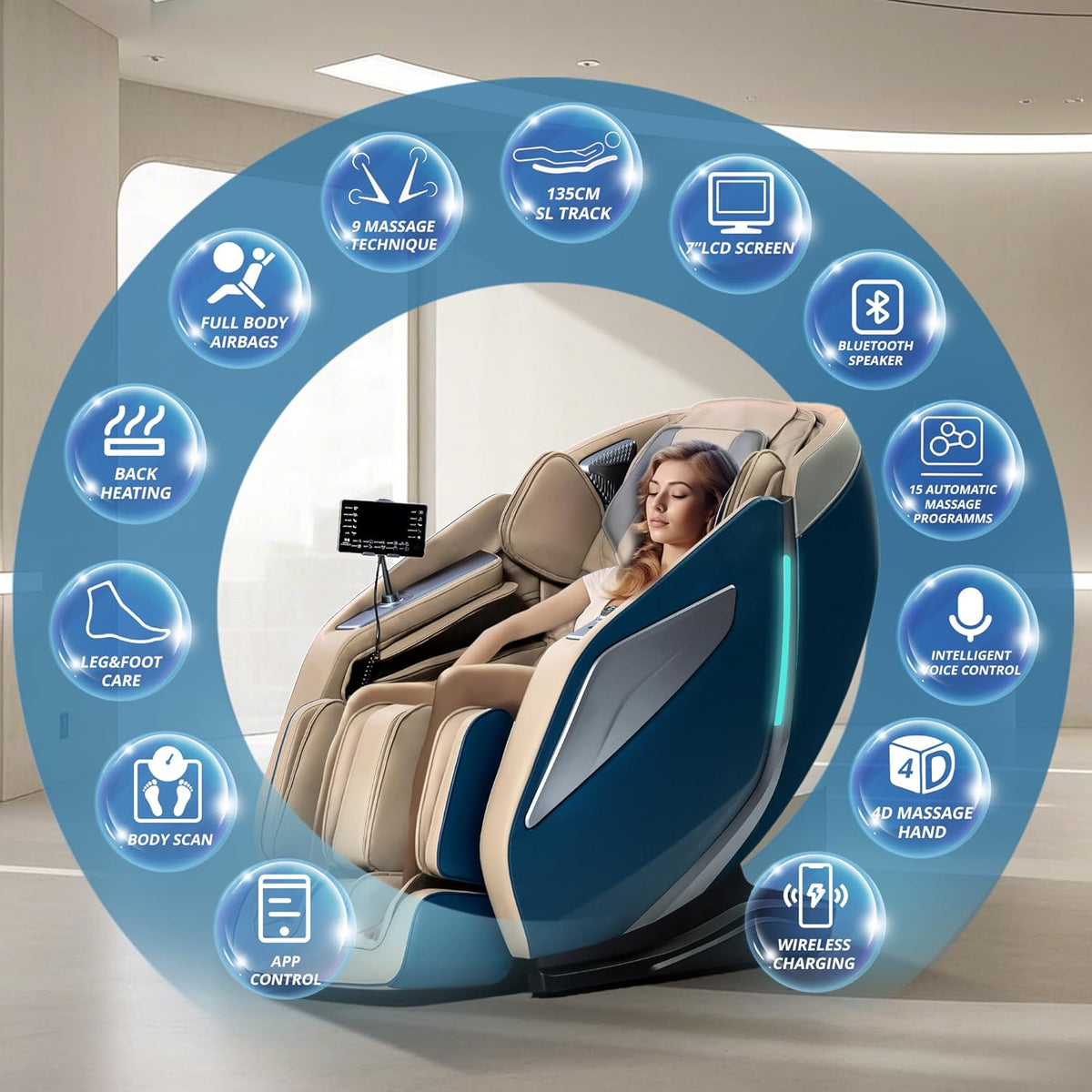 HealthRelife Full Body Massage Chair with Body Scanning 3D Robotic Hands Smart Shiatsu Massage Seat Cover with Voice Function Back Heating (Blue)