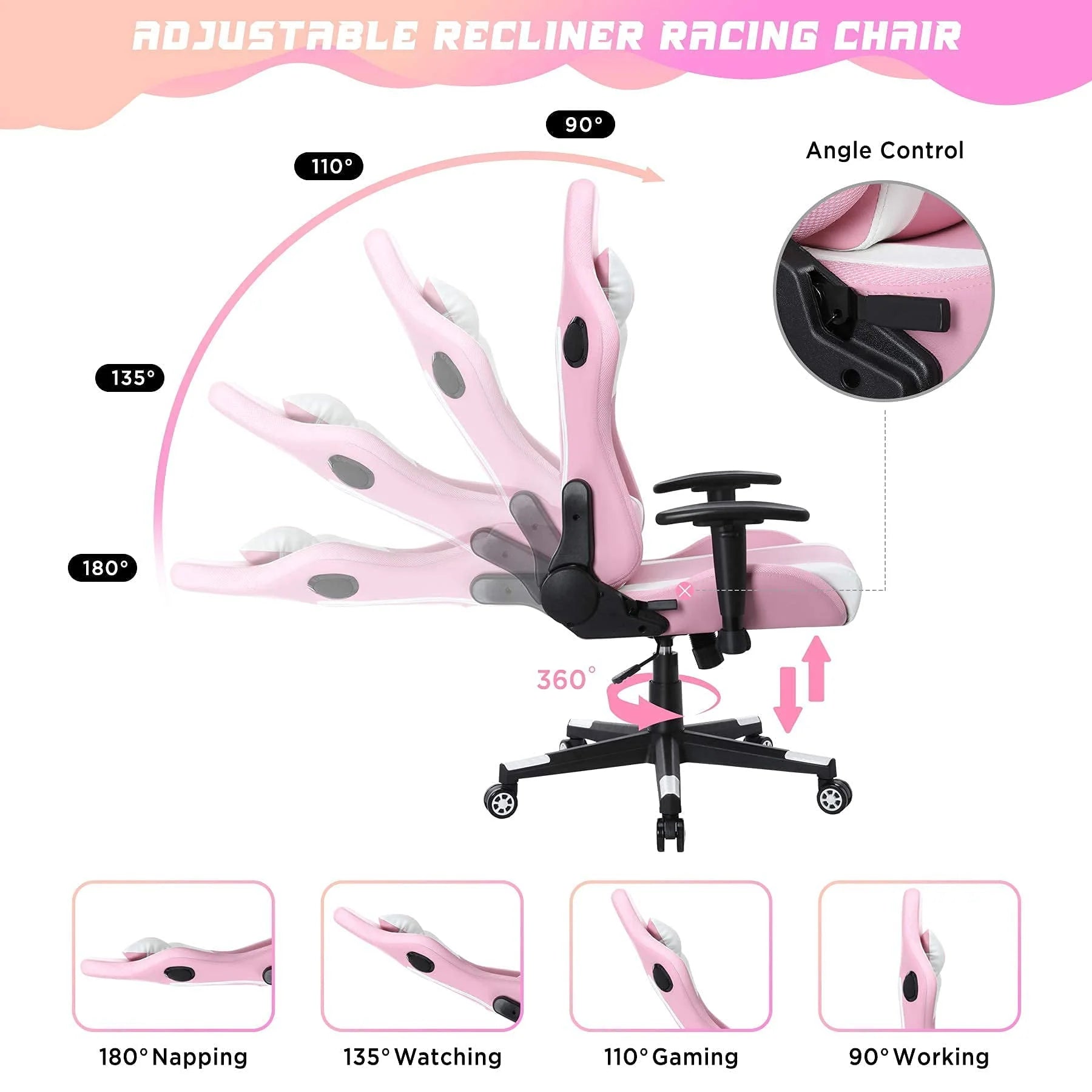 Homemiyn Gaming Chair with Speakers Video and RGB LED Lights, Pink PU Leather Ergonomic Racing Office Chair - Product image 5