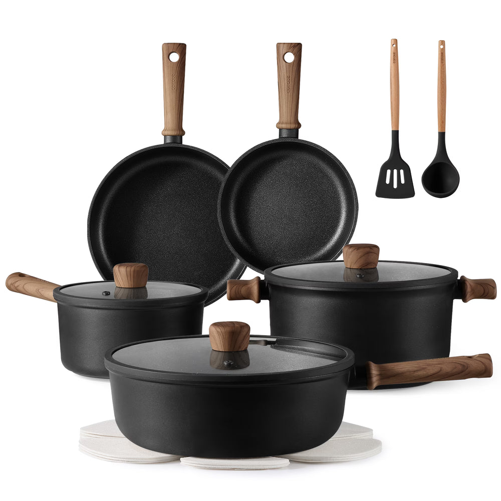 Carote 13 - Pcs Nonstick Cookware Sets, Pots and Pans with Stay - Cool Handles, Induction Compatible Kitchen Set, (Black)