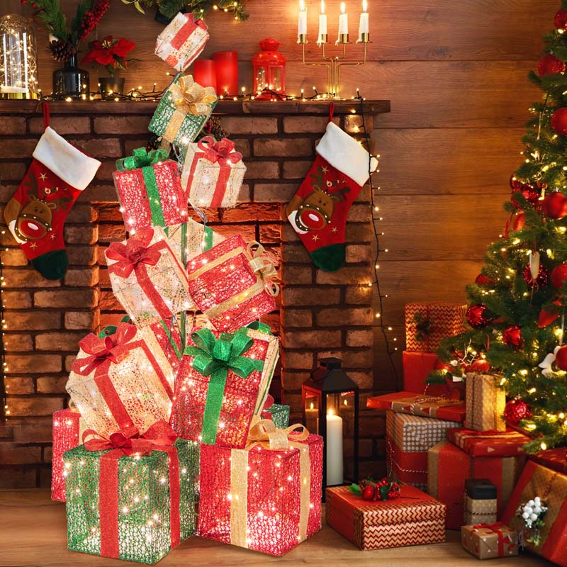 5.6FT Lighted Gift Box Tower, 15 Pre-Lit Stacked Boxes with 450 Warm White Lights, Metal Base & Ribbons - Product image 1