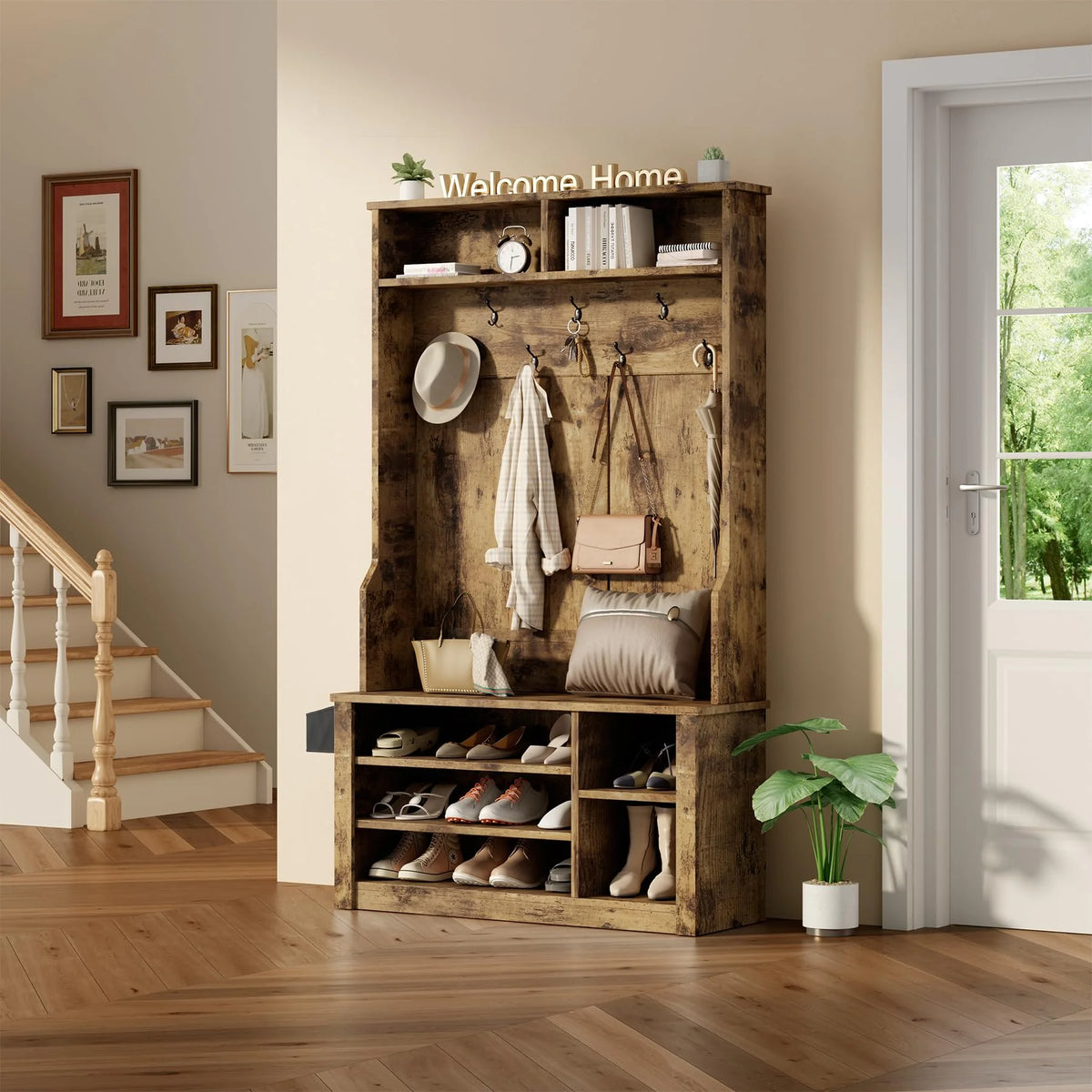 Lofka 5 - in - 1 Hall Tree with Bench and Shoe Storage, Entryway Hall Tree with Coat Rack - Product image 17