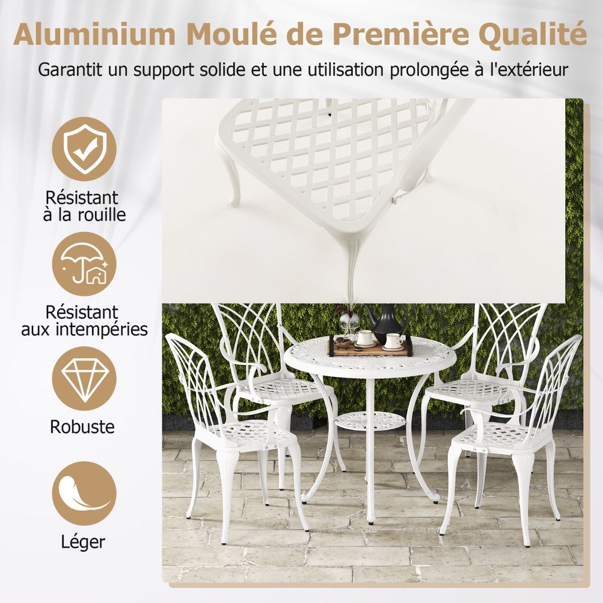 5 Pcs Cast Aluminum Garden Furniture Parasol Hole Adjustable Footrest Round Table Set and 4 Chairs White -