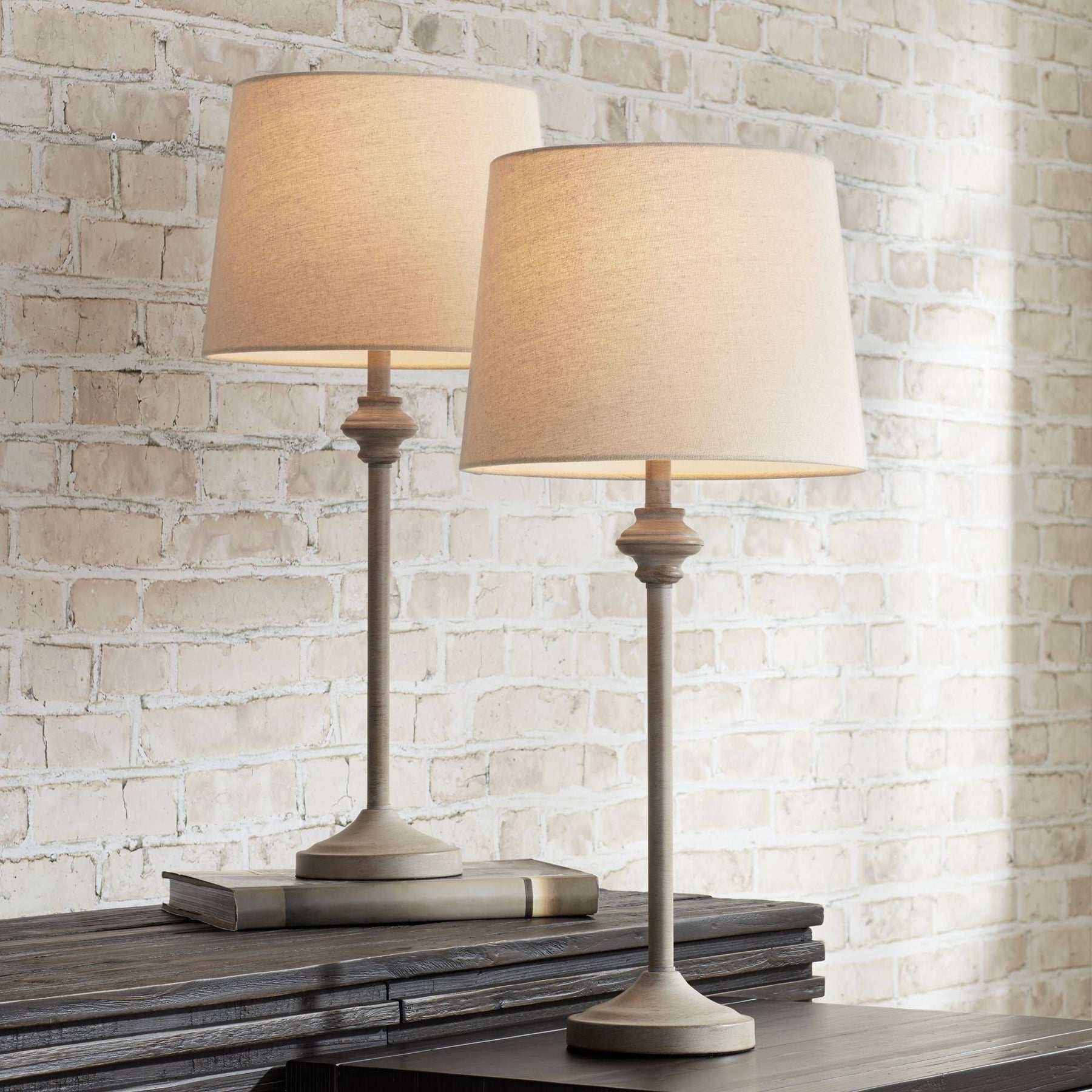 Lynn Country Cottage Buffet Table Lamps Set of 2 Light Beige Wood Oatmeal Fabric Tapered Drum Shade for - Product image 1
