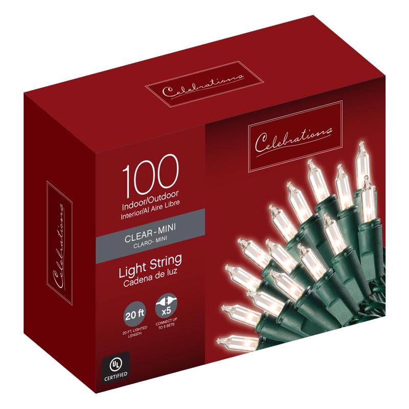 Celebrations Indoor/Outdoor Mini Lights, 100 Bulbs, Clear with Green Wire, 22.5' - Product image 1