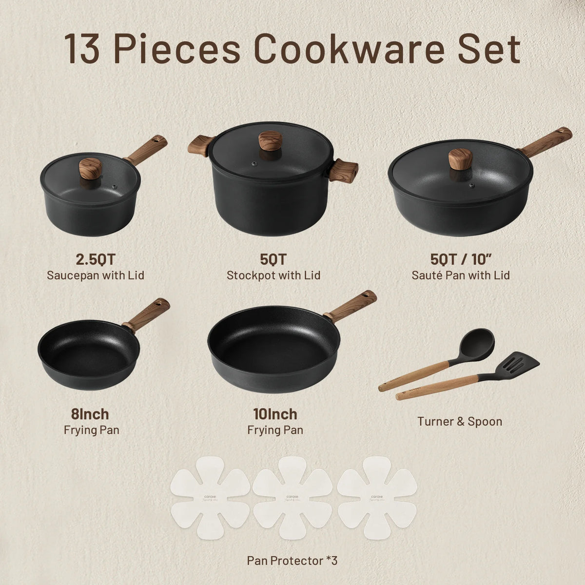 Carote 13 - Pcs Nonstick Cookware Sets, Pots and Pans with Stay - Cool Handles, Induction Compatible Kitchen Set, (Black)