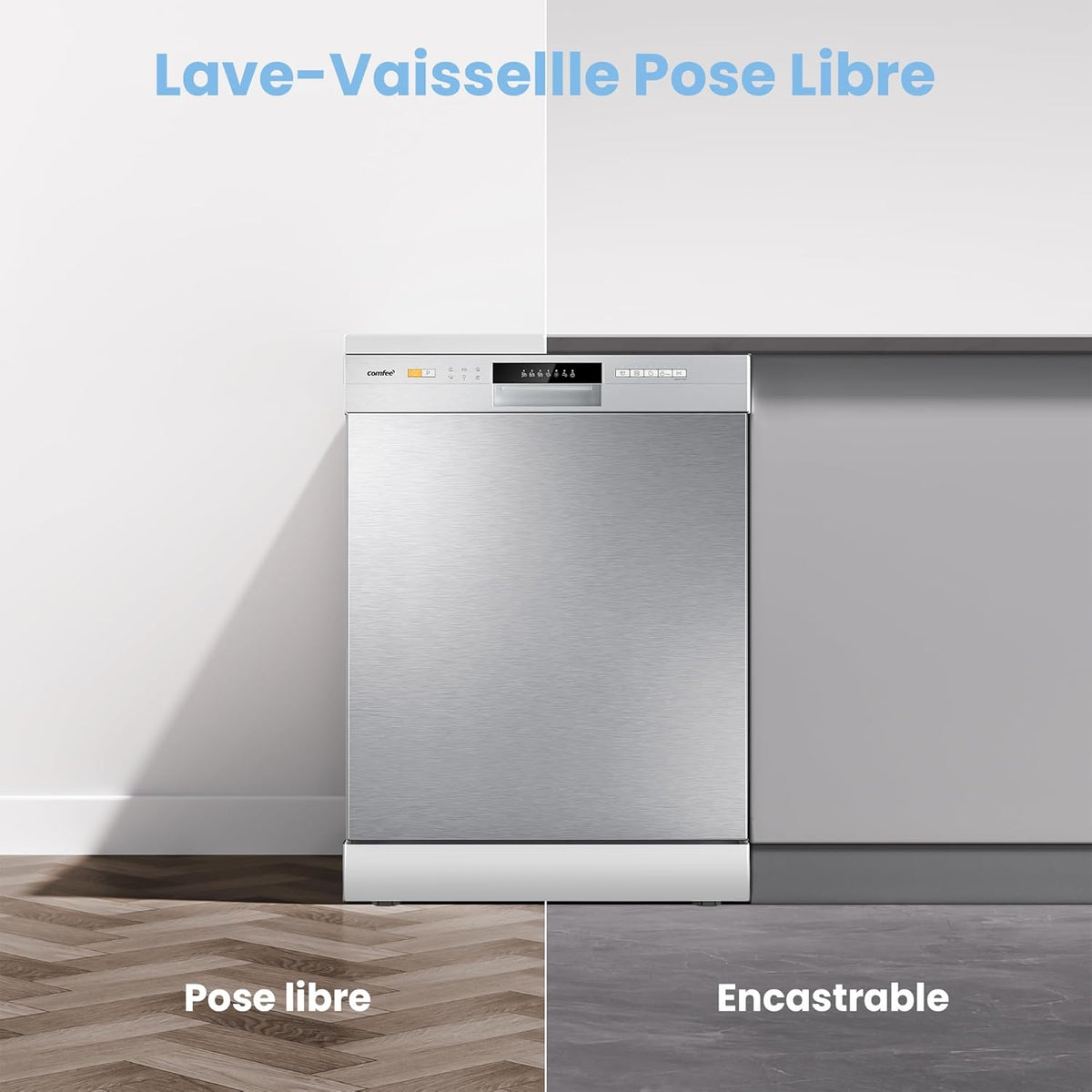 COMFEE' CDWPF1201PS Freestanding Dishwasher, 60 cm, 12 place settings, delayed start, half load function, flexible baskets - Stainless Steel, 49 dB, Button Control