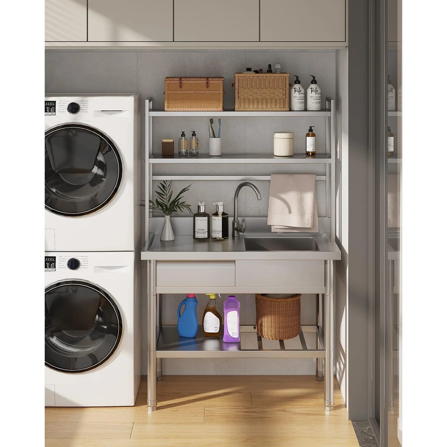 AECOJOY Stainless Steel Utility Sink with Shelves, Free Standing Single Bowl Commercial Kitchen Sinks - Product image 8