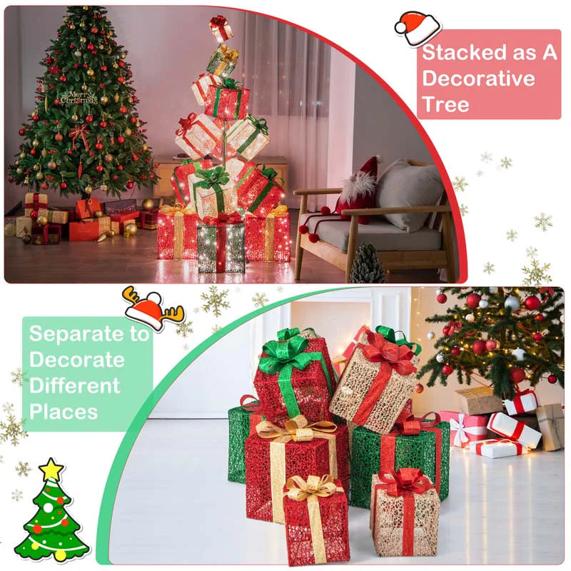 5.6FT Lighted Gift Box Tower, 15 Pre-Lit Stacked Boxes with 450 Warm White Lights, Metal Base & Ribbons - Product image 7