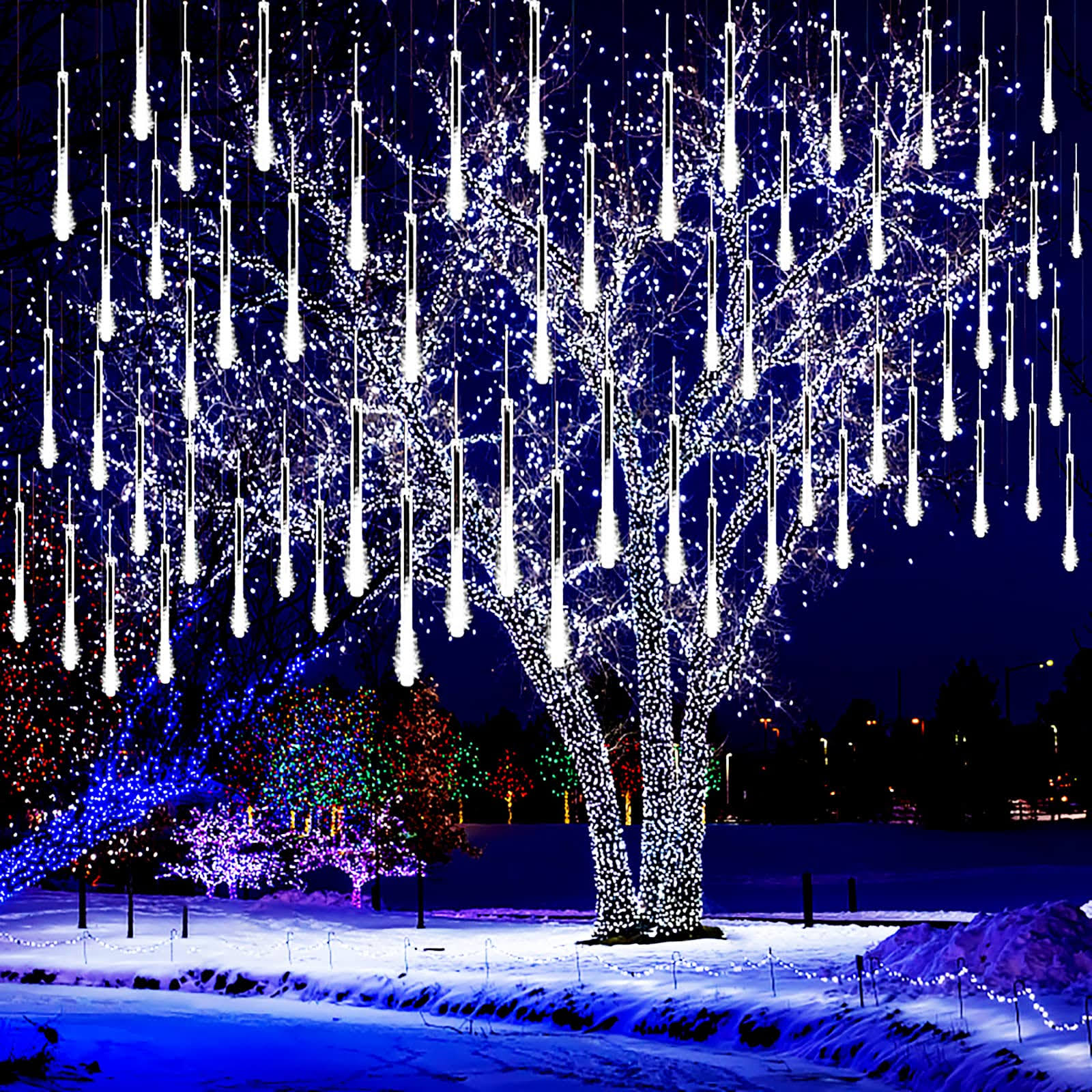 Kwaiffeo Christmas Lights Outdoor, Meteor Shower Lights Falling Rain Lights 12 inch 8 Tube 192 LED Snow - Product image 1