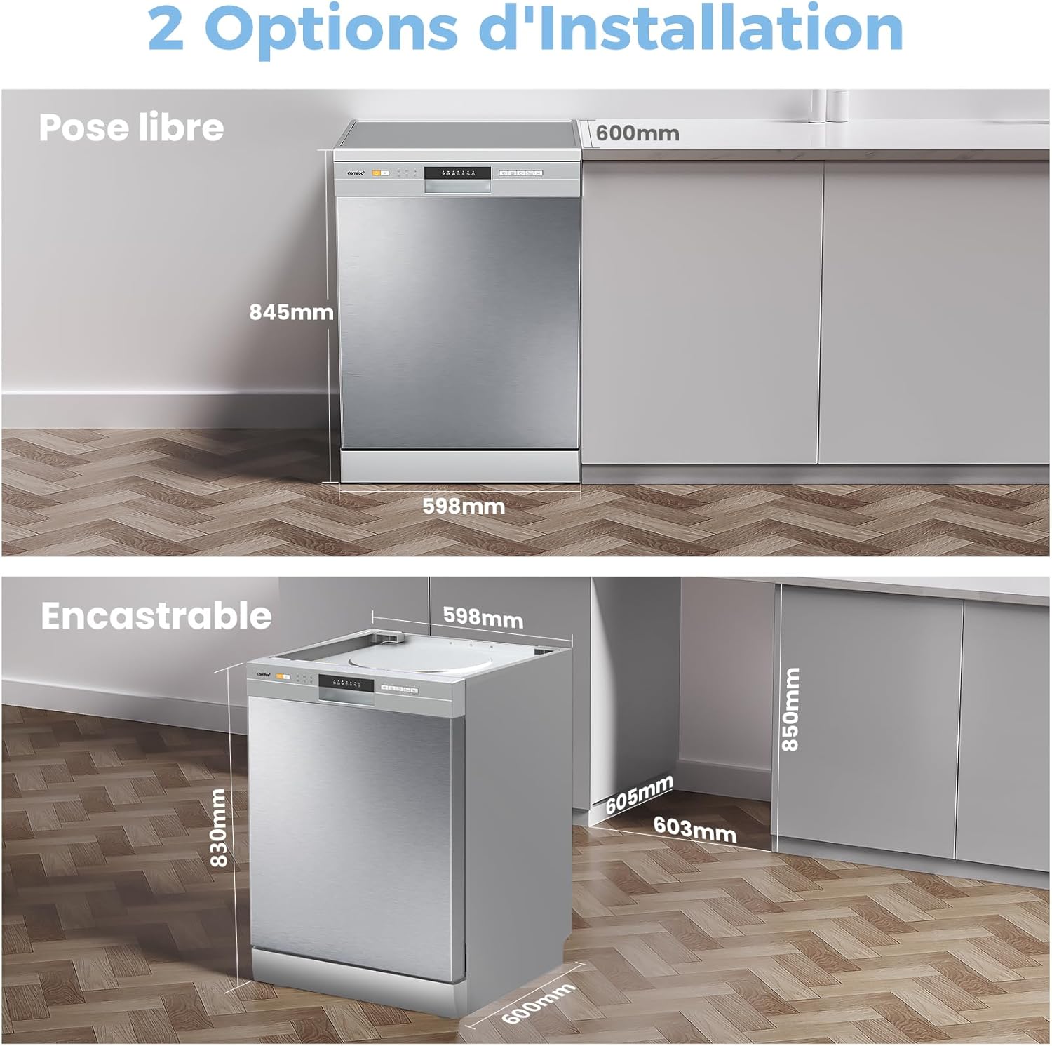 COMFEE' CDWPF1201PS Freestanding Dishwasher, 60 cm, 12 place settings, delayed start, half load function, flexible baskets - Stainless Steel, 49 dB, Button Control