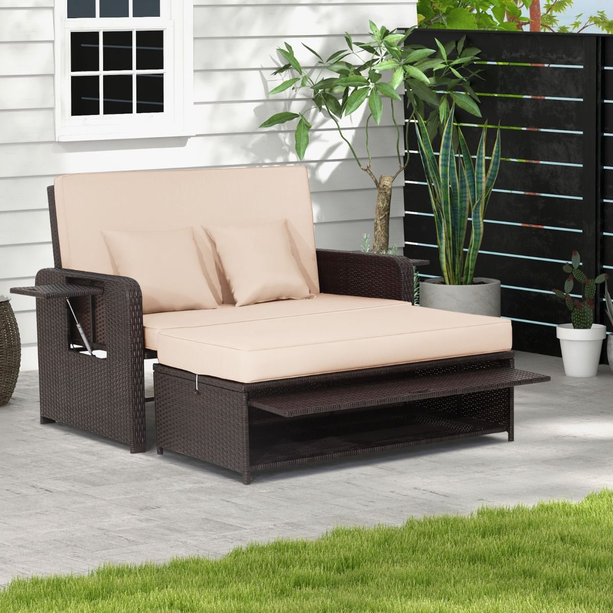 Adjustable Outdoor Garden Furniture with Bed, 2 Places with Hidden Storage, 4-Level Adjustable Backrest in PE Rattan -