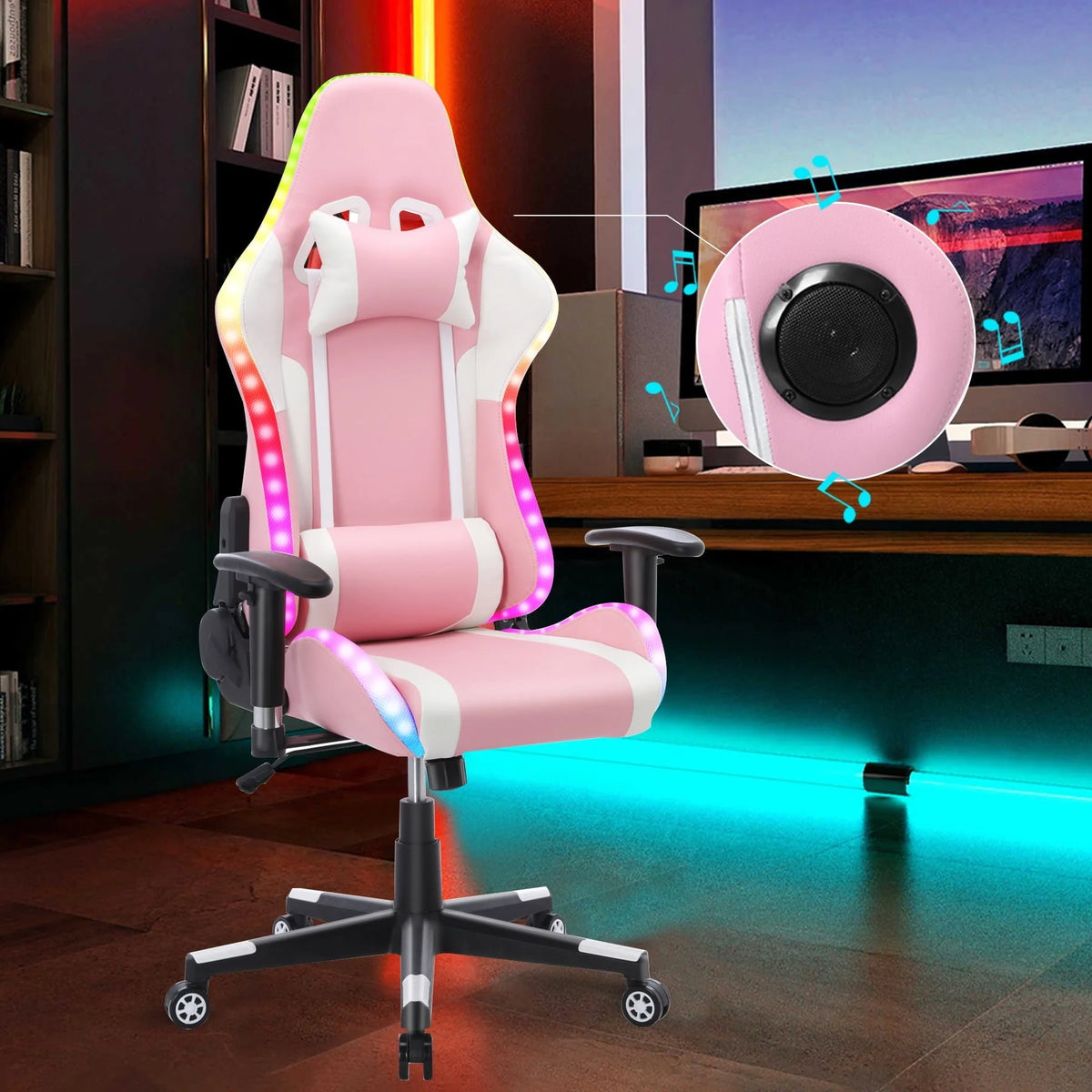 Homemiyn Gaming Chair with Speakers Video and RGB LED Lights, Pink PU Leather Ergonomic Racing Office Chair - Product image 1