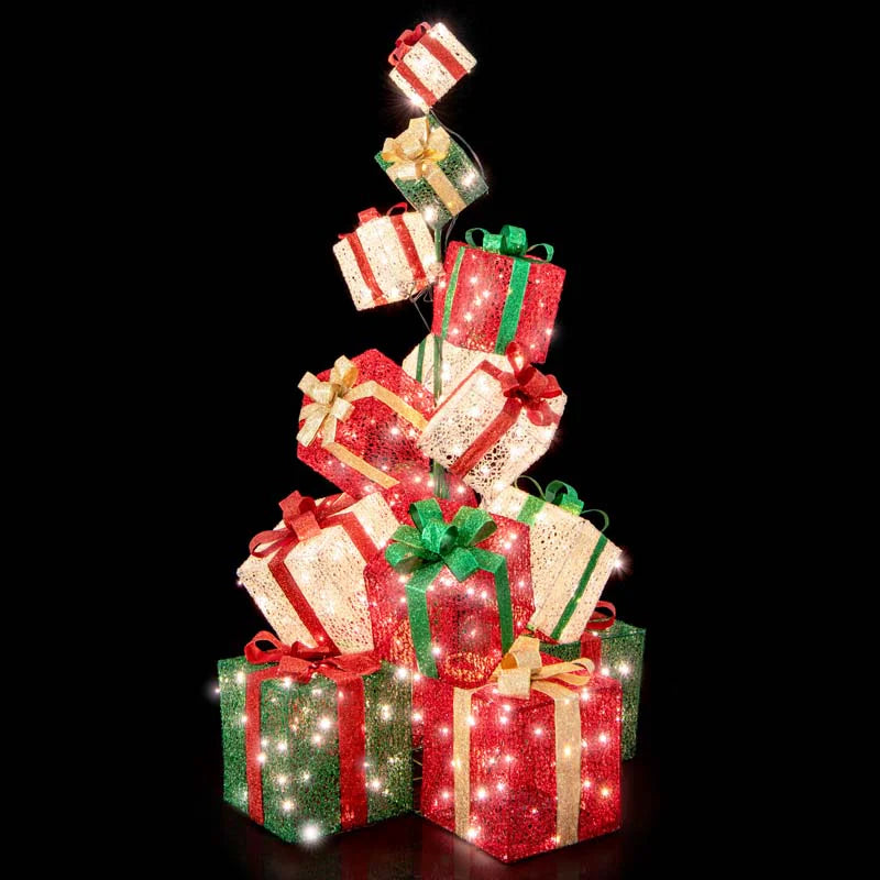 5.6FT Lighted Gift Box Tower, 15 Pre-Lit Stacked Boxes with 450 Warm White Lights, Metal Base & Ribbons - Product image 4