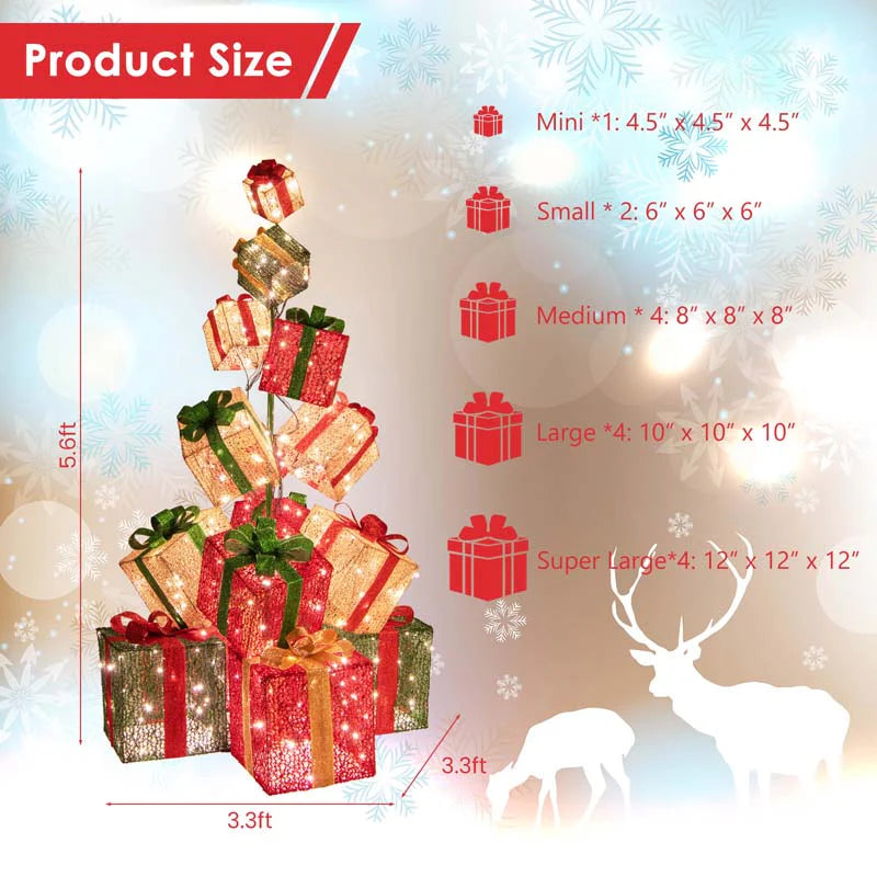 5.6FT Lighted Gift Box Tower, 15 Pre-Lit Stacked Boxes with 450 Warm White Lights, Metal Base & Ribbons - Product image 10