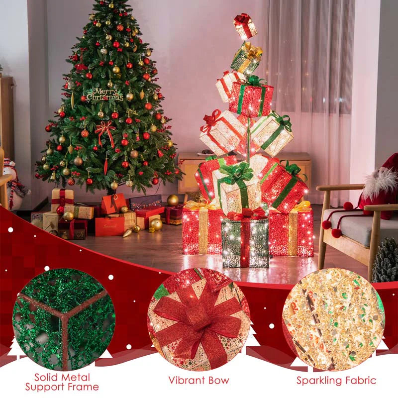 5.6FT Lighted Gift Box Tower, 15 Pre-Lit Stacked Boxes with 450 Warm White Lights, Metal Base & Ribbons - Product image 5