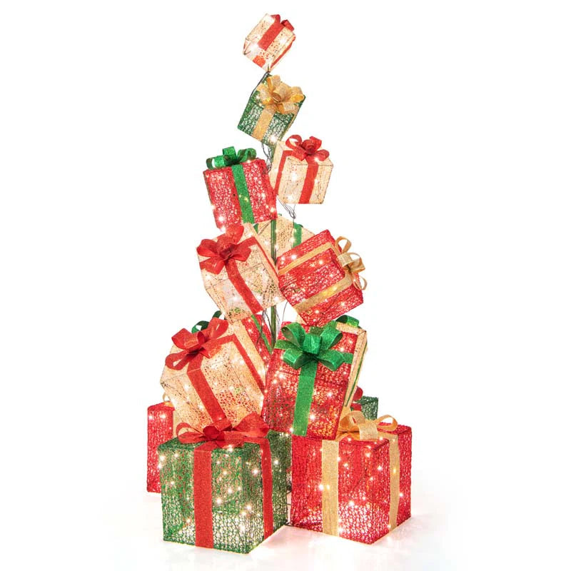 5.6FT Lighted Gift Box Tower, 15 Pre-Lit Stacked Boxes with 450 Warm White Lights, Metal Base & Ribbons - Product image 2