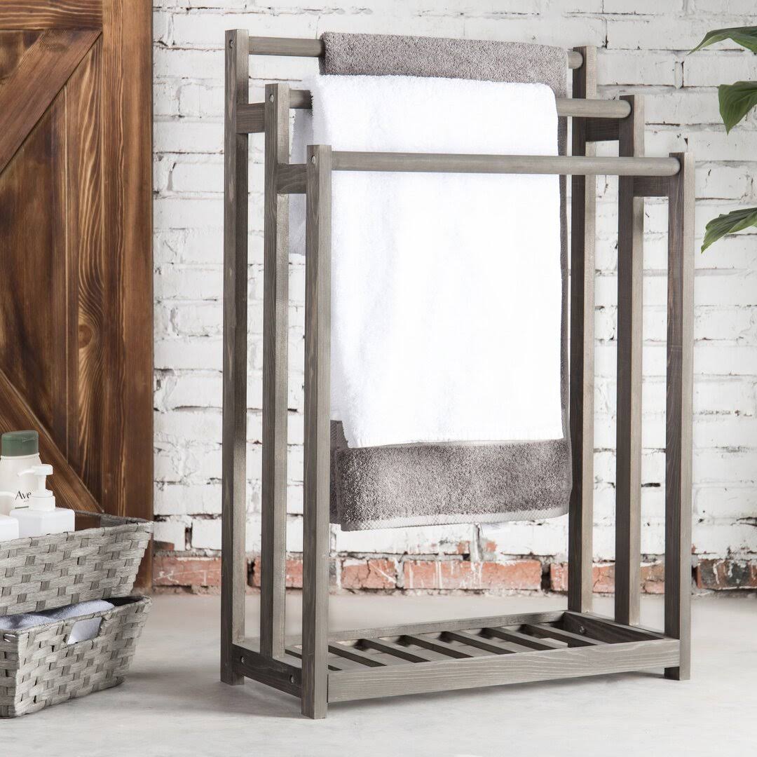 MyGift 3-Bar Wood Gray Towel and Quilt Rack Stand for Kitchen and Bathroom with Bottom Shelf - Product image 1