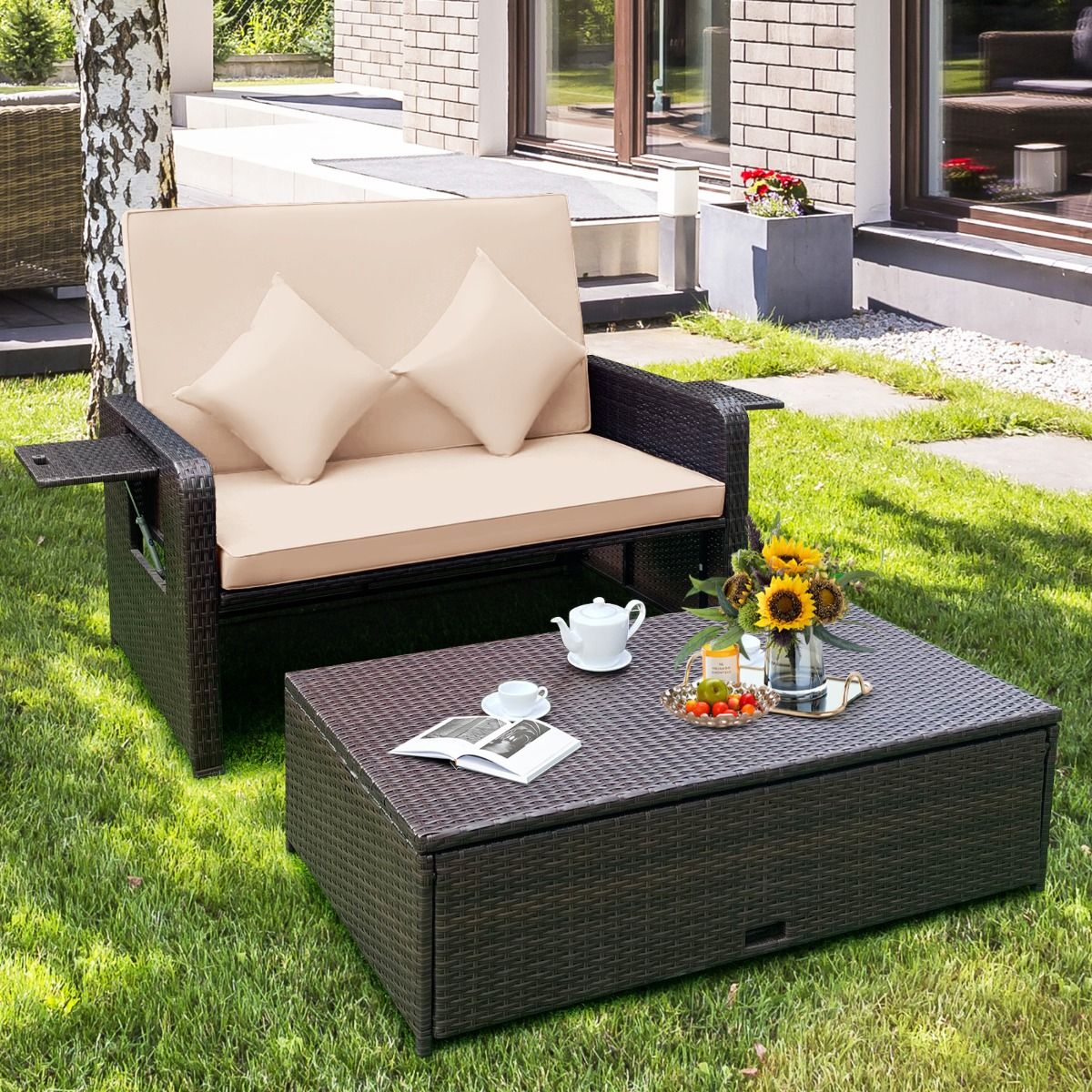 Adjustable Outdoor Garden Furniture with Bed, 2 Places with Hidden Storage, 4-Level Adjustable Backrest in PE Rattan -