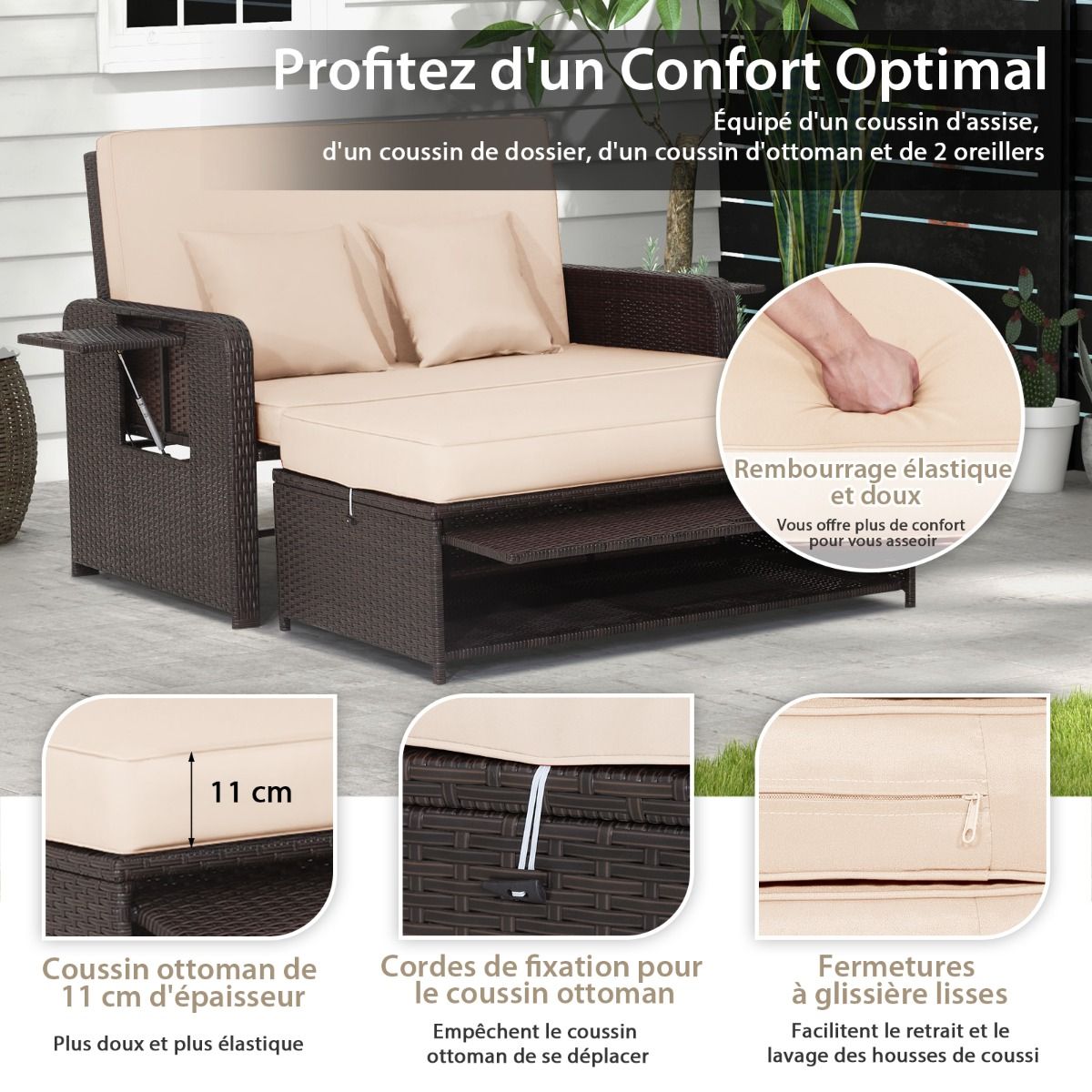 Adjustable Outdoor Garden Furniture with Bed, 2 Places with Hidden Storage, 4-Level Adjustable Backrest in PE Rattan -