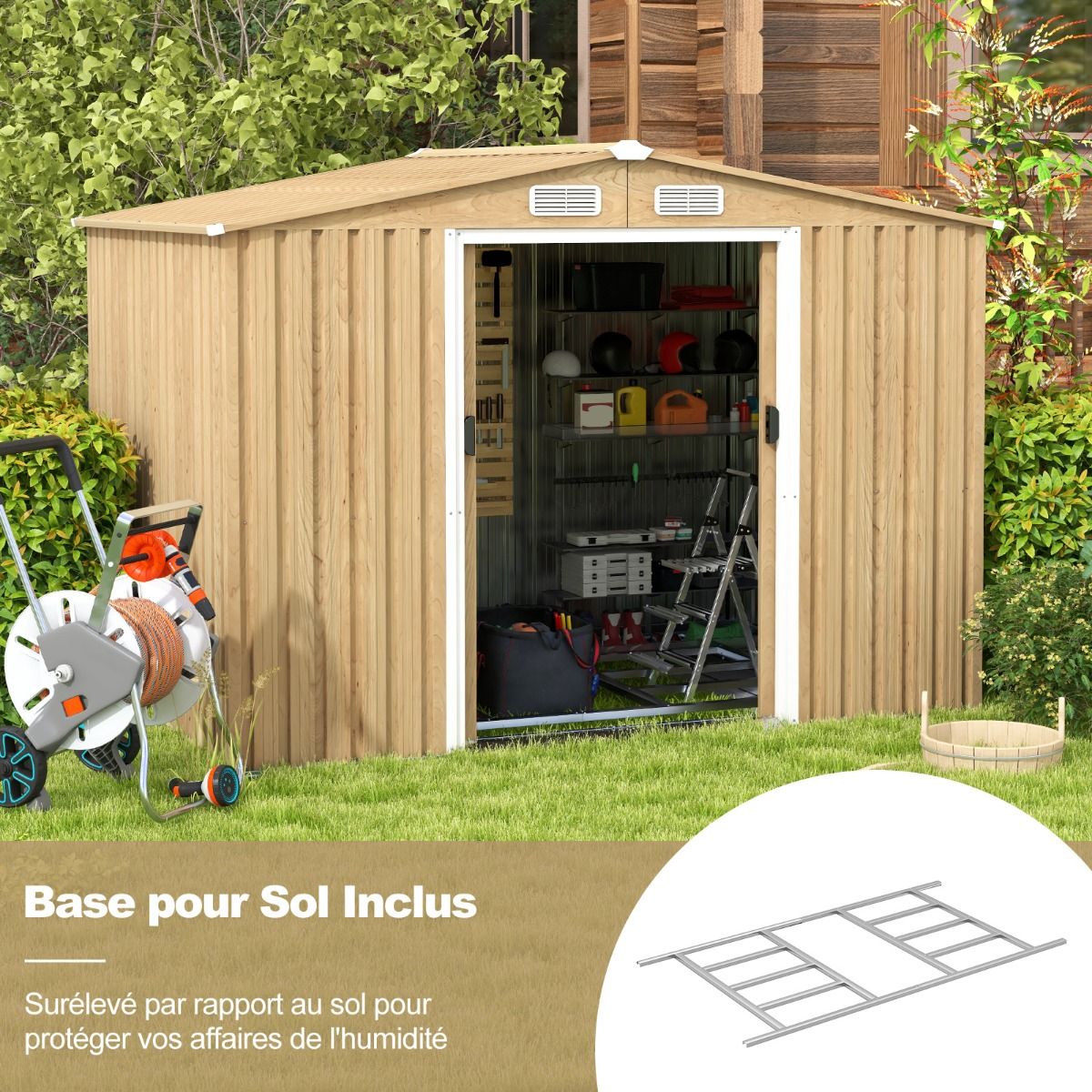 Storage Shed 259cm x196cm with Foundation Base Galvanized Metal Tool House with 4 Vents Waterproof and Windproof Natural -