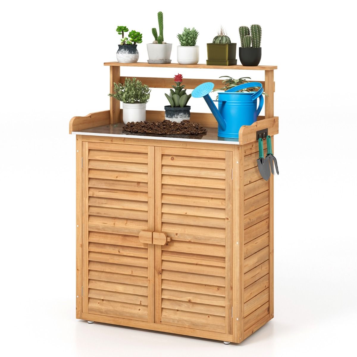 Outdoor Potting Bench Gardening Table with Galvanized Metal Counter 3 Hanging Hooks Removable Shelves Natural -
