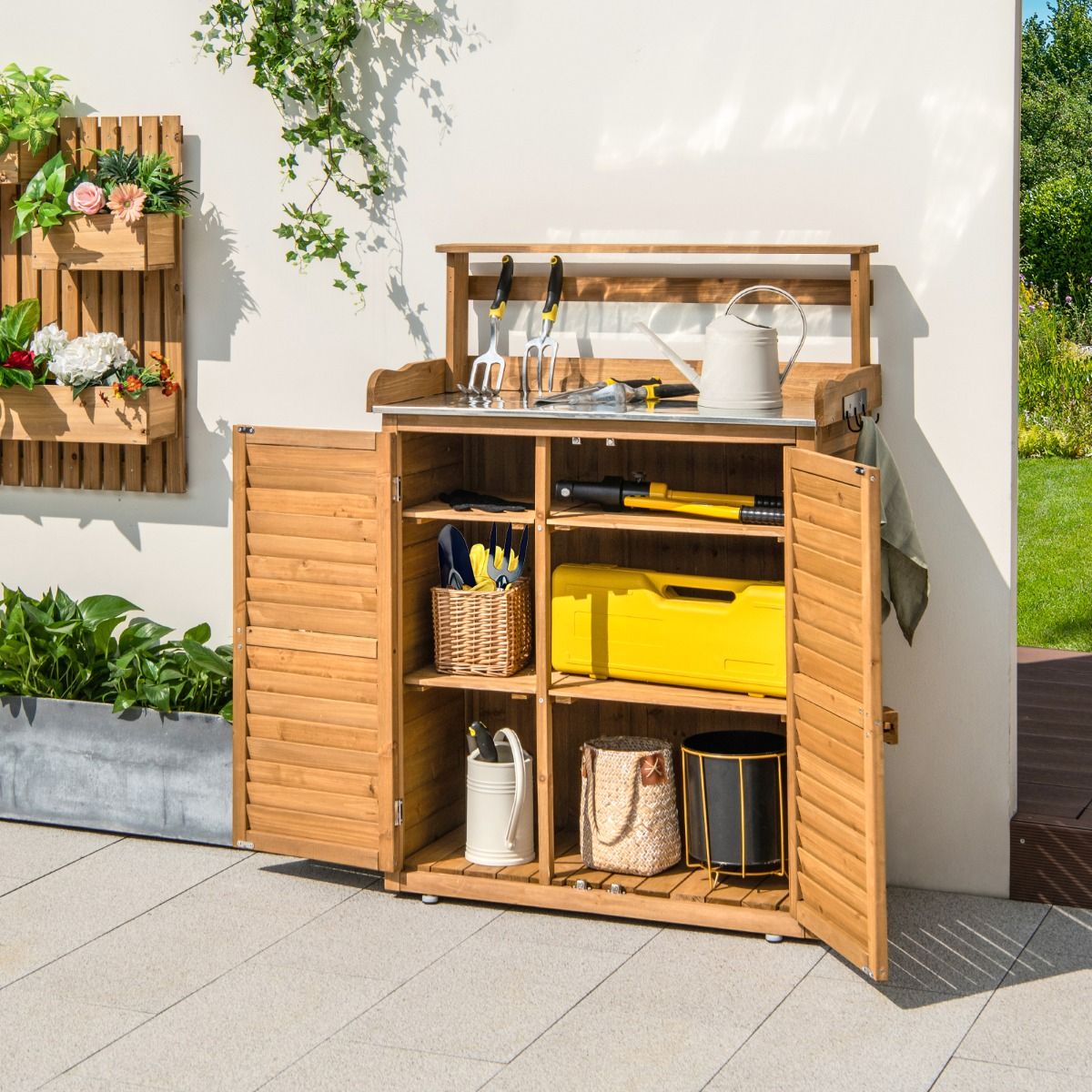 Outdoor Potting Bench Gardening Table with Galvanized Metal Counter 3 Hanging Hooks Removable Shelves Natural -