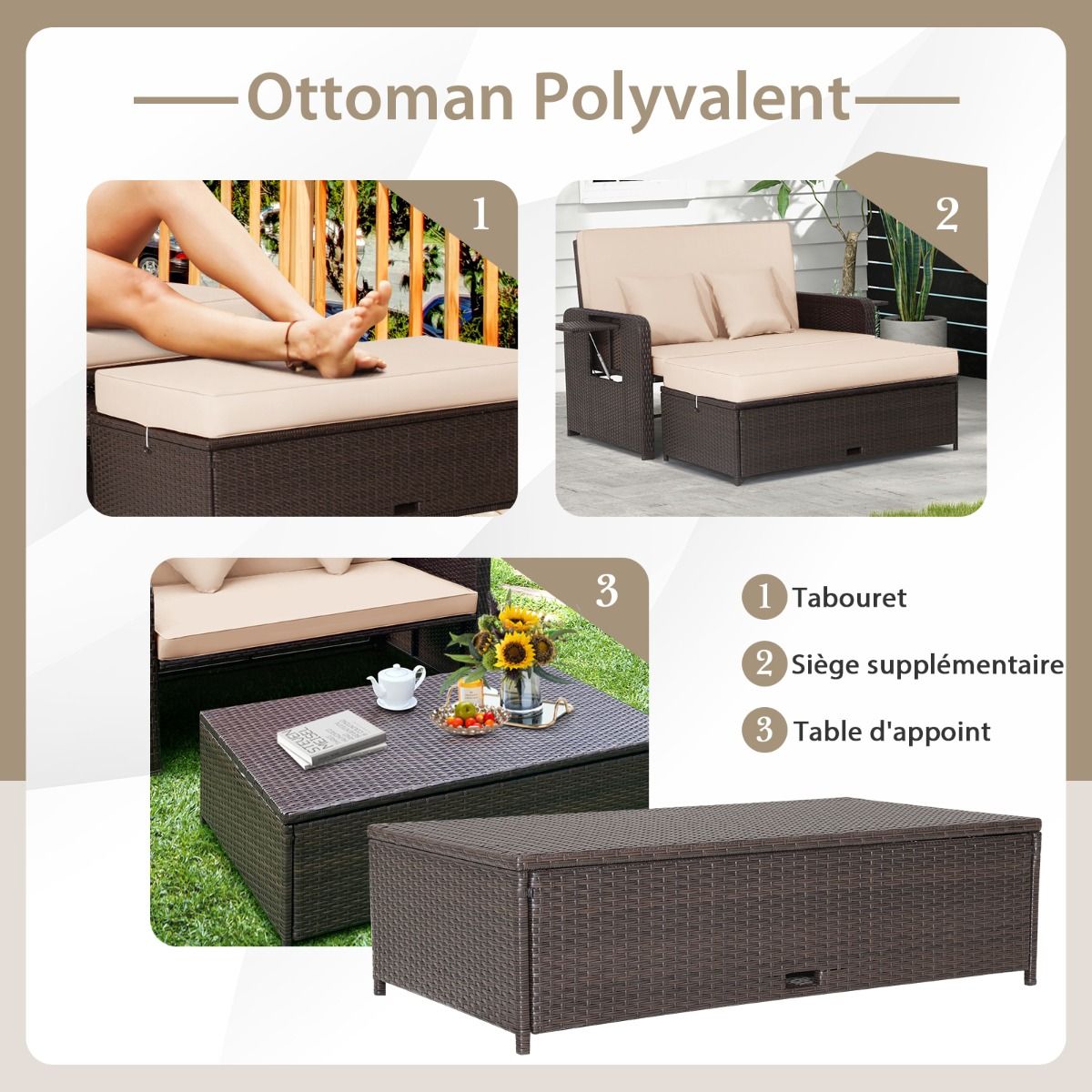 Adjustable Outdoor Garden Furniture with Bed, 2 Places with Hidden Storage, 4-Level Adjustable Backrest in PE Rattan -