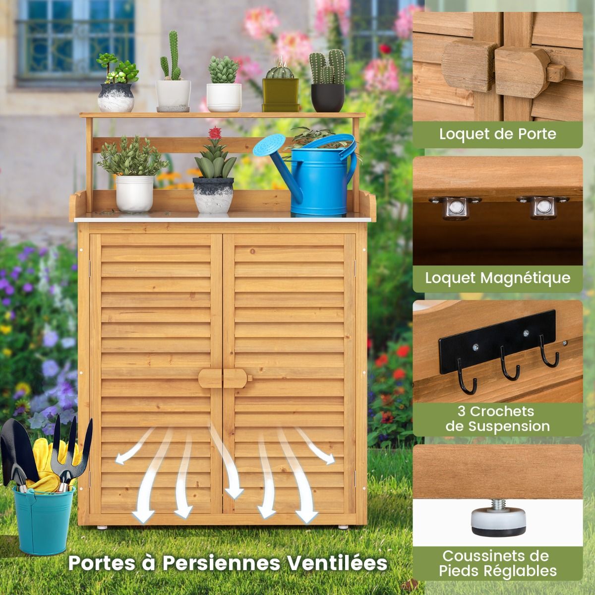Outdoor Potting Bench Gardening Table with Galvanized Metal Counter 3 Hanging Hooks Removable Shelves Natural -