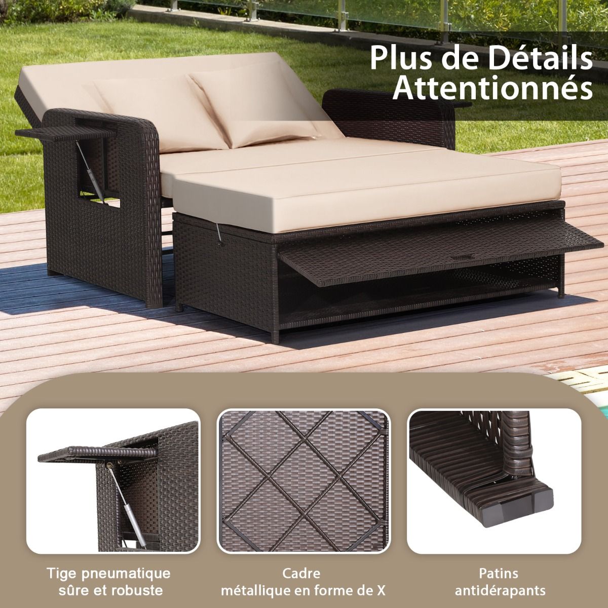 Adjustable Outdoor Garden Furniture with Bed, 2 Places with Hidden Storage, 4-Level Adjustable Backrest in PE Rattan -