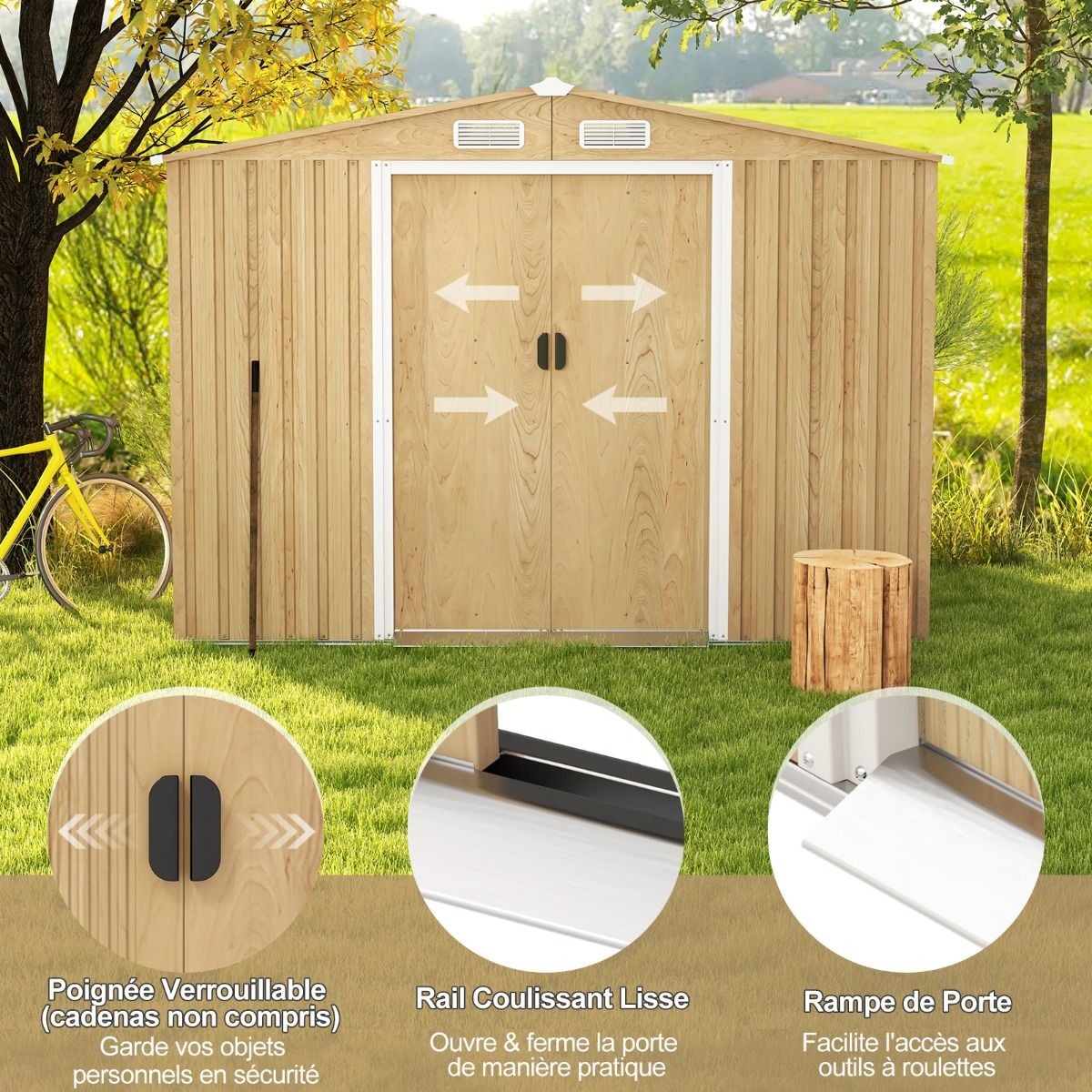 Storage Shed 259cm x196cm with Foundation Base Galvanized Metal Tool House with 4 Vents Waterproof and Windproof Natural -