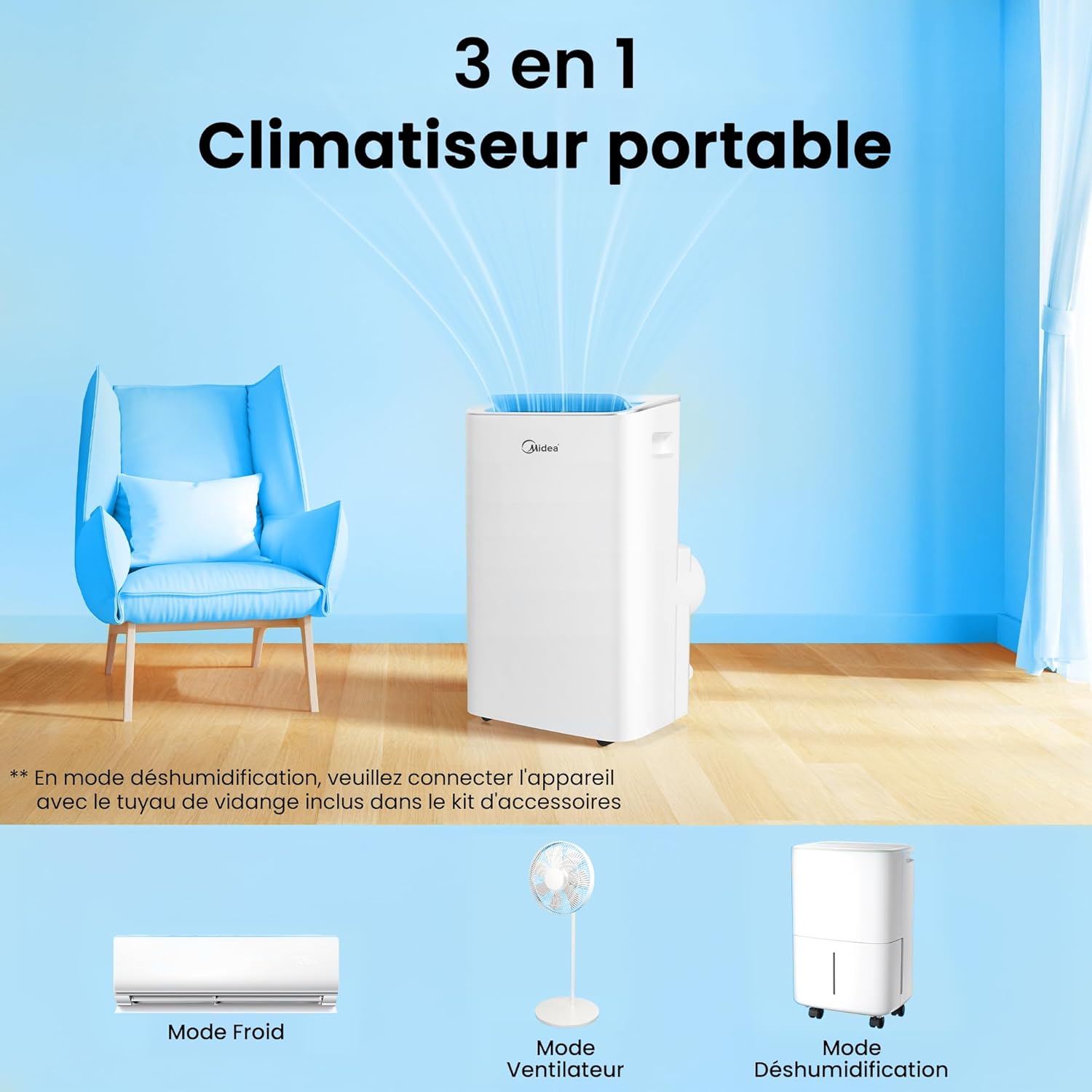 MIDEA Quiet Mobile Air Conditioner 12000 BTU with Exhaust - Ready to Install Portable Air Conditioning 3500W - Mobile Split Reversible Air Conditioner - 4 Modes with Window Kit and App Control