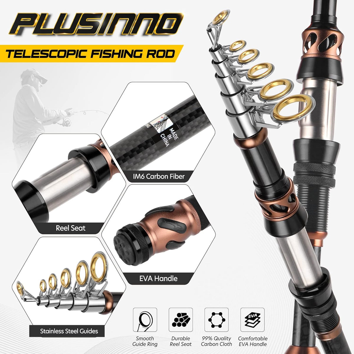 PLUSINNO Fishing Rod and Reel Combo – Carbon Fiber Telescopic Fishing Rod – Spinning Reel 12+1 Stainless Steel BB Shielded Bearings