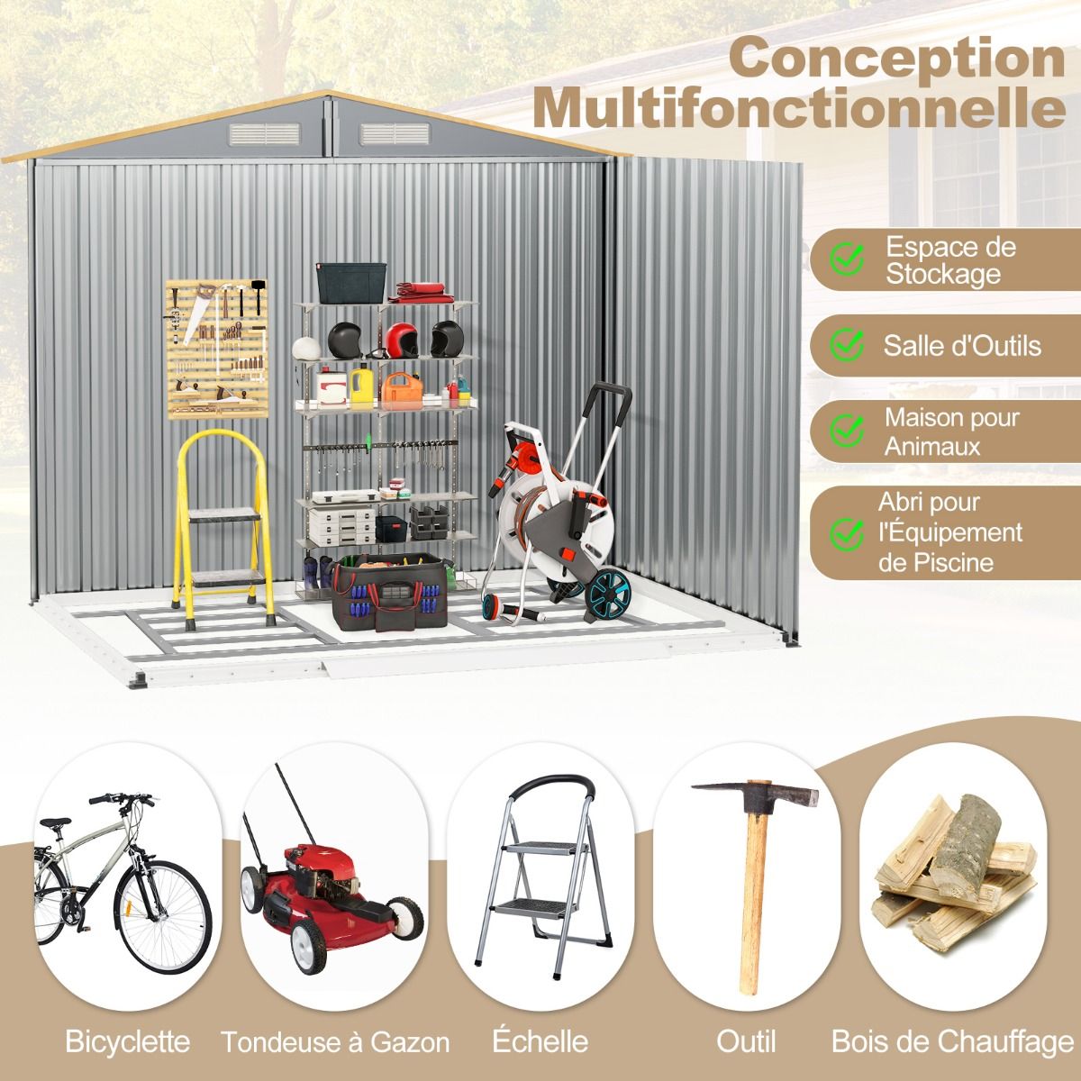 Storage Shed 259cm x196cm with Foundation Base Galvanized Metal Tool House with 4 Vents Waterproof and Windproof Natural -