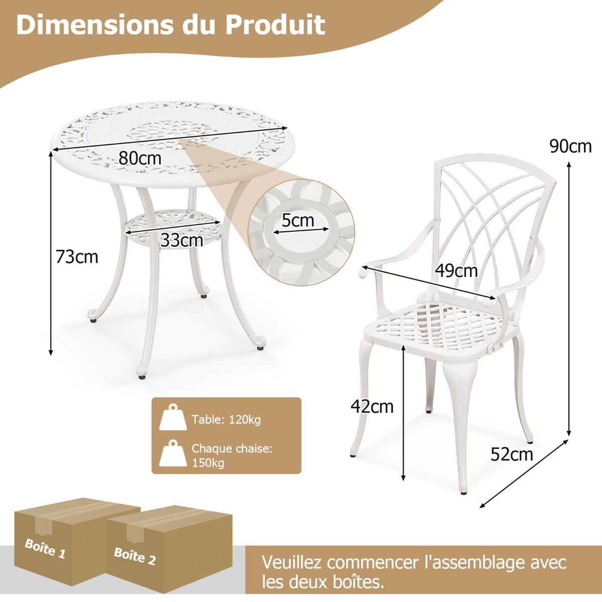 5 Pcs Cast Aluminum Garden Furniture Parasol Hole Adjustable Footrest Round Table Set and 4 Chairs White -