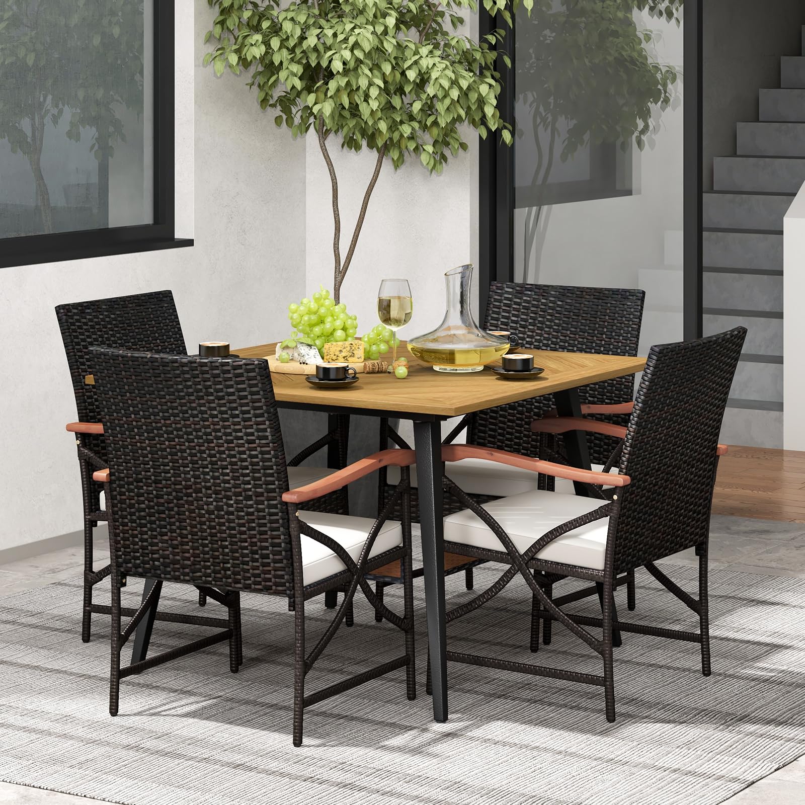 Tangkula 5 Pieces Patio PE Wicker Dining Set, Outdoor Dining Table and Chairs with Cushions - Product image 4
