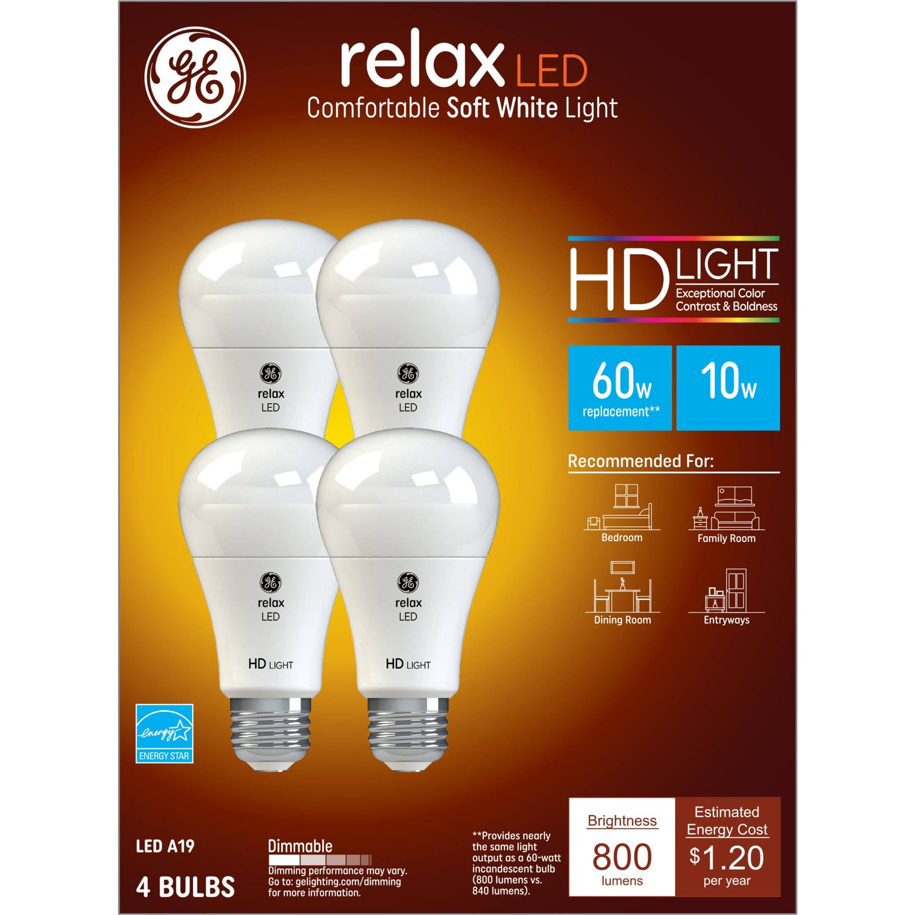 GE 4-Pack Relax LED 10.5W A19 Comfortable Soft White HD Light Bulbs - Product image 1