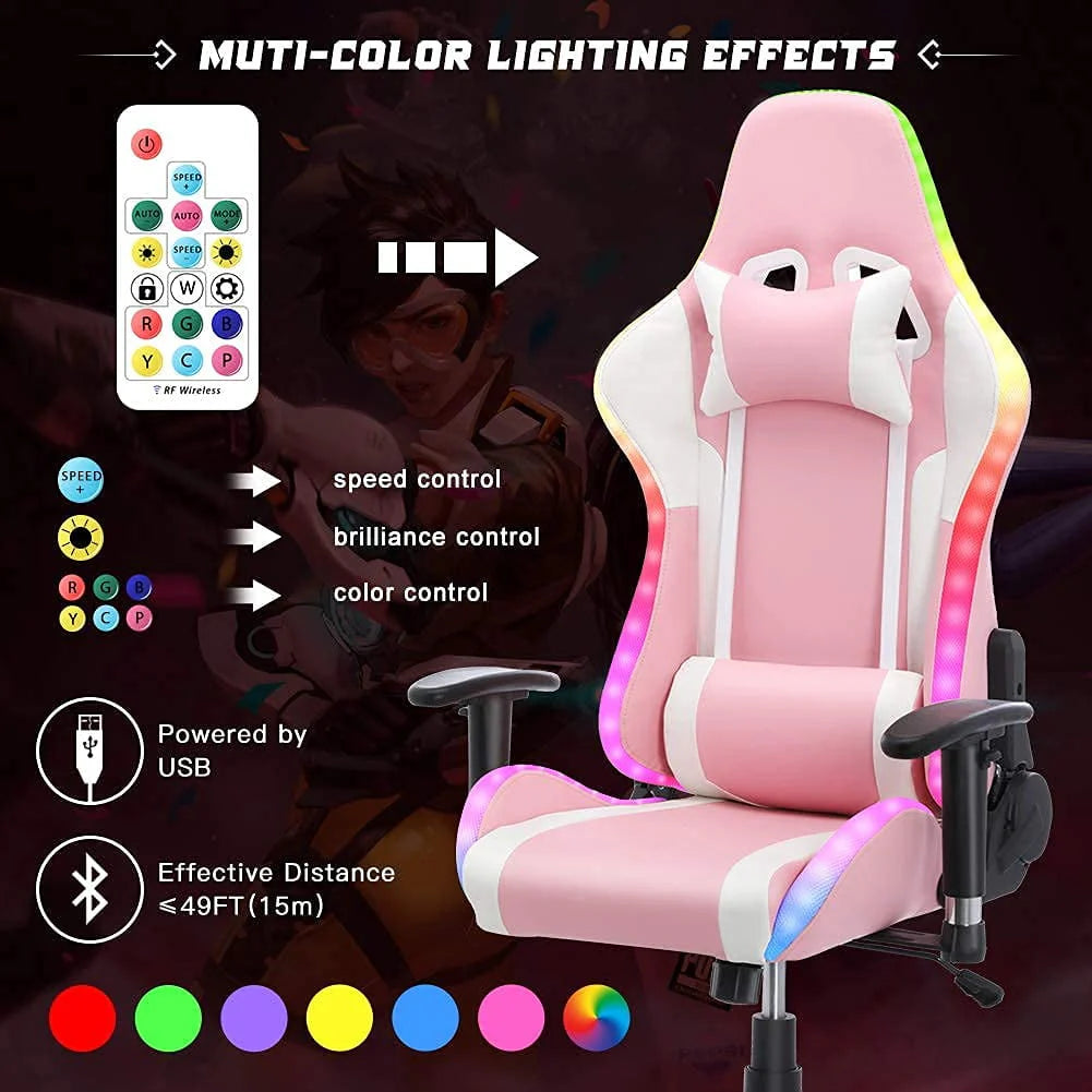 Homemiyn Gaming Chair with Speakers Video and RGB LED Lights, Pink PU Leather Ergonomic Racing Office Chair - Product image 3