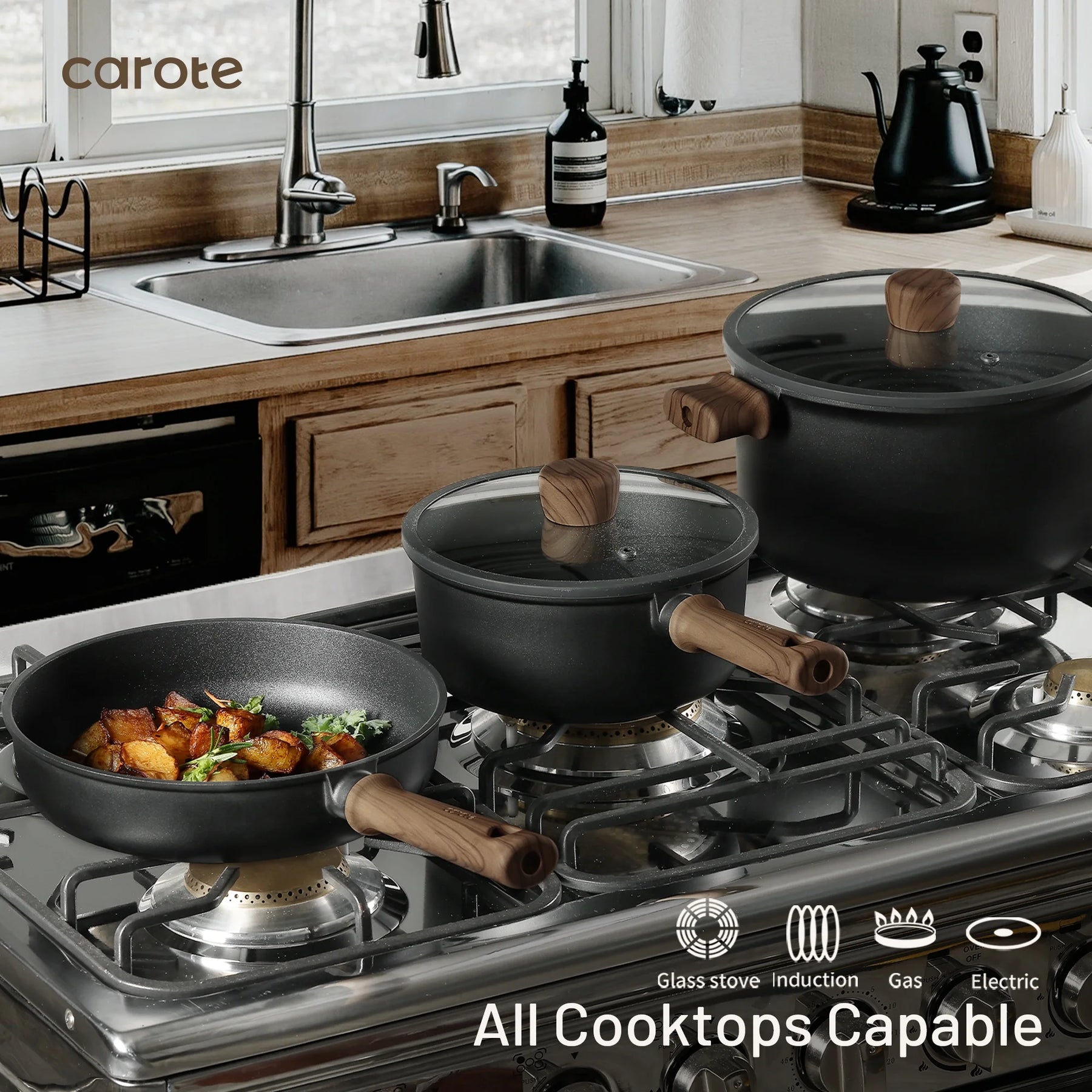 Carote 13 - Pcs Nonstick Cookware Sets, Pots and Pans with Stay - Cool Handles, Induction Compatible Kitchen Set, (Black)