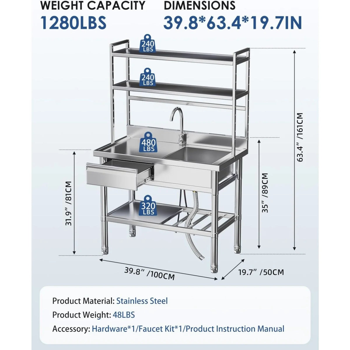 AECOJOY Stainless Steel Utility Sink with Shelves, Free Standing Single Bowl Commercial Kitchen Sinks - Product image 3