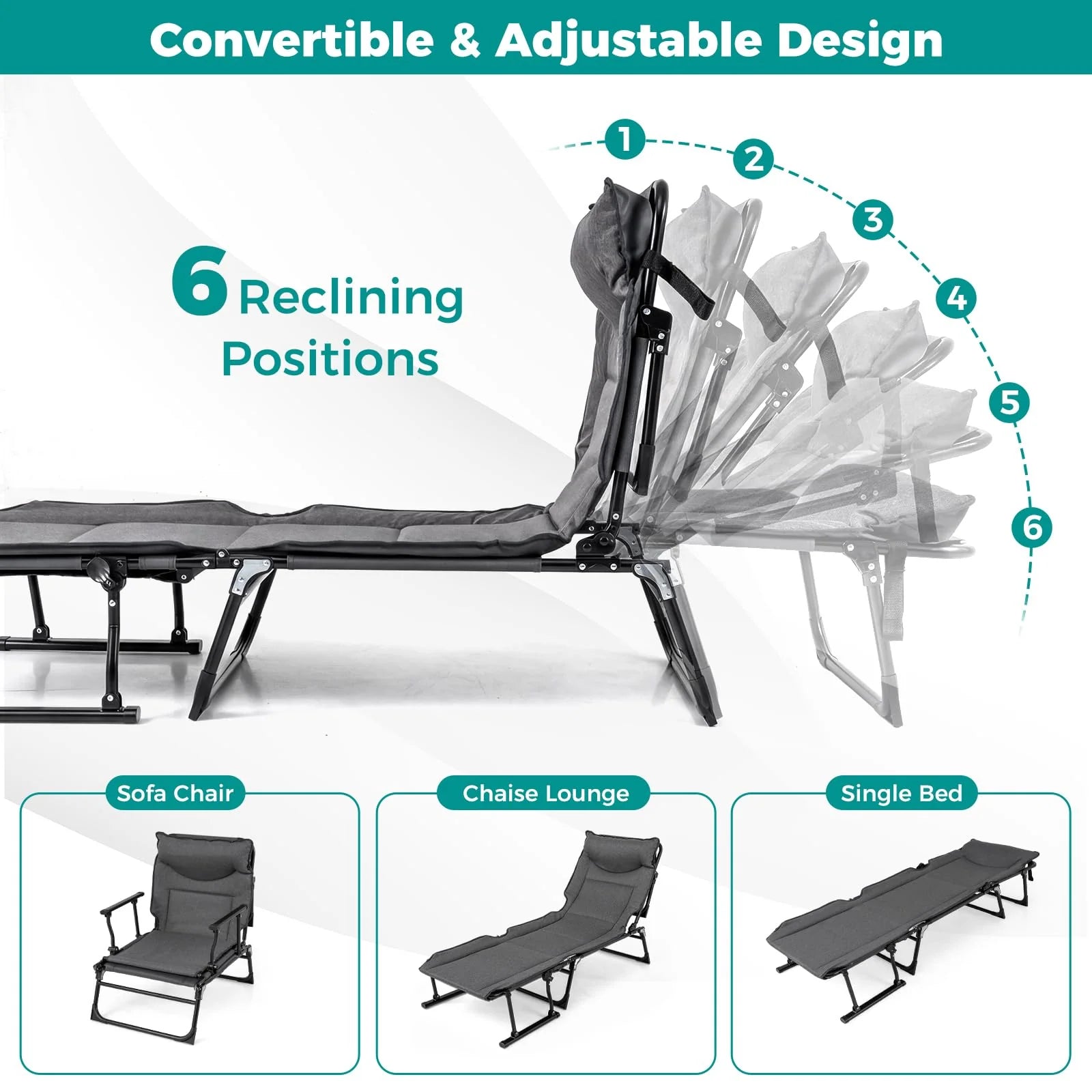 Tangkula 3 in 1 Folding Camping Cot Comfy Padded Convertible Single Sofa Chair - Product image 5